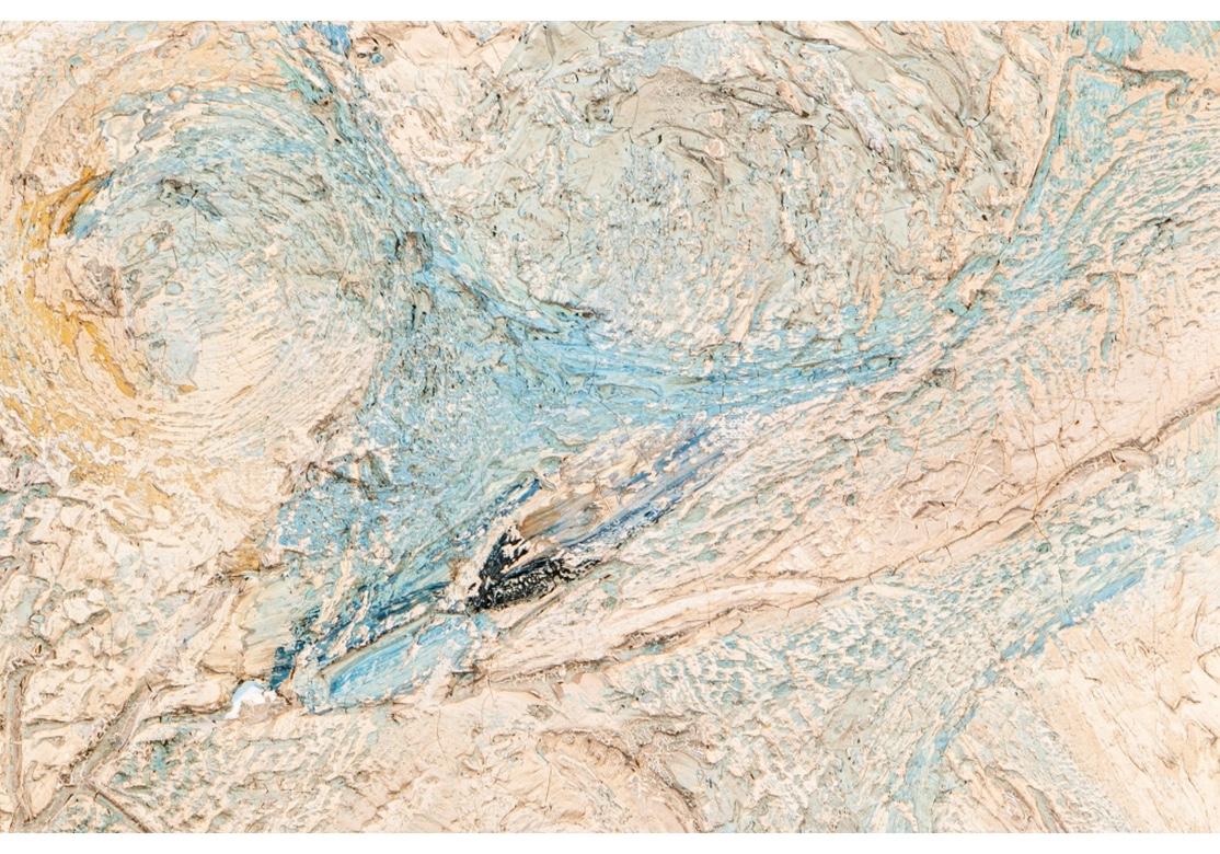 Period midcentury encaustic artwork in all original condition titled, “Turbulence of the Mind” and signed “Warfield”. Very thick swathes of the encaustic form a textured and sculptural surface to which Acrylic paint in light salmon and turquoise