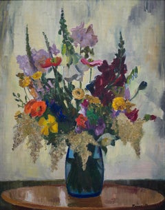 Un bouquet de numériques, coquelicot, iris, Snapdragons, tournesol, coupe à beurre, 1936