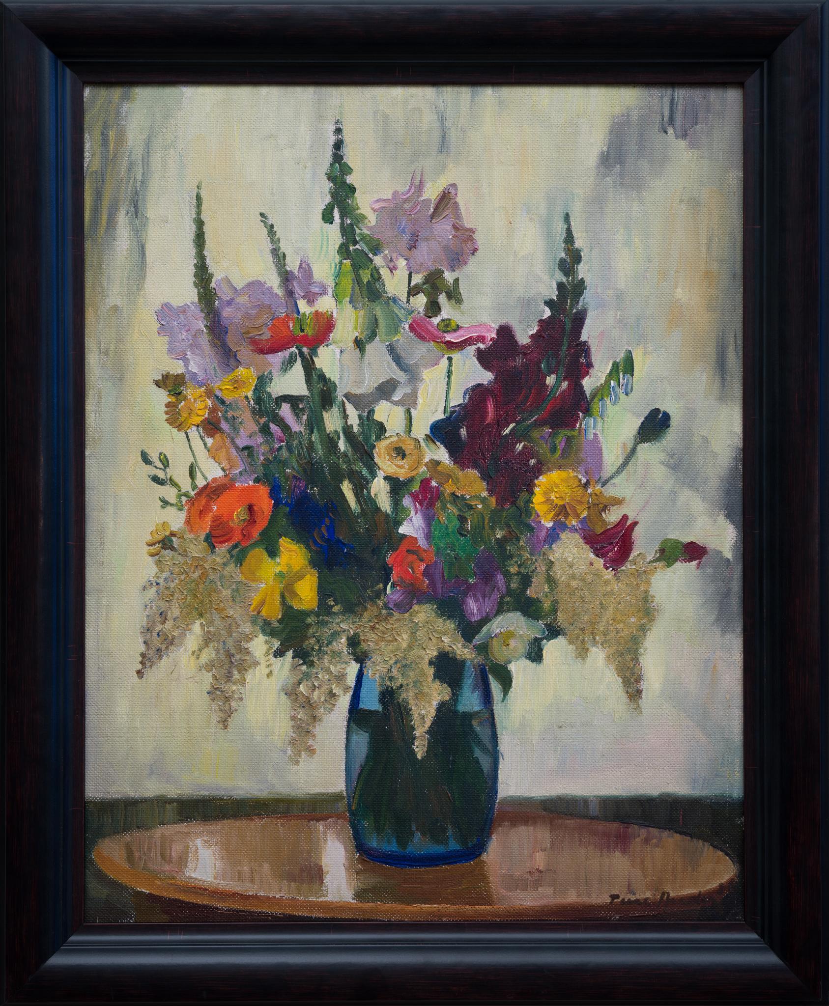 Ture Ander Still-Life Painting – A Bouquet of Digitalis, Mohnblume, Iris, Snapdragons, Kornblume, Buttercup, 1936