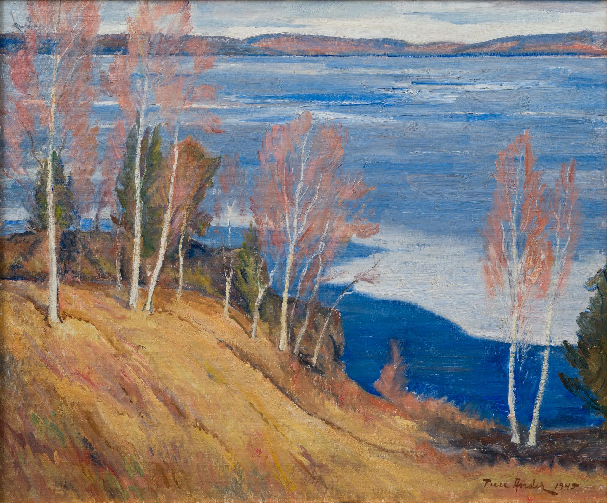 Questo dipinto paesaggistico di Ture Ander, completato nel 1945, cattura la serena bellezza di un lago del Värmland. La composizione è dominata da tenui tonalità di blu che danno un'impressione di tranquillità, suggerendo una tranquilla giornata in