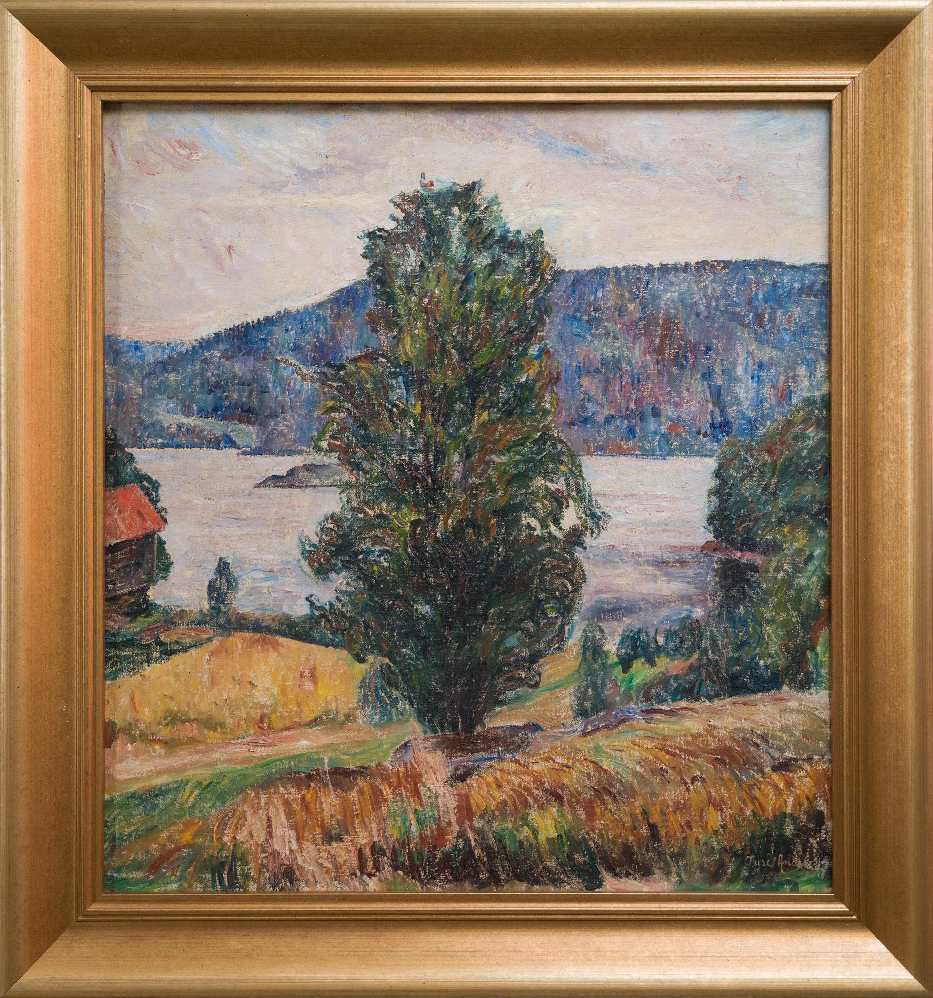 Questo dipinto di Ture Ander, realizzato nel 1917, raffigura un paesaggio sereno del Värmland, in Svezia. Al centro della composizione c'è un grande albero, probabilmente una specie a foglie caduche, come suggeriscono gli accenni di autunno che si