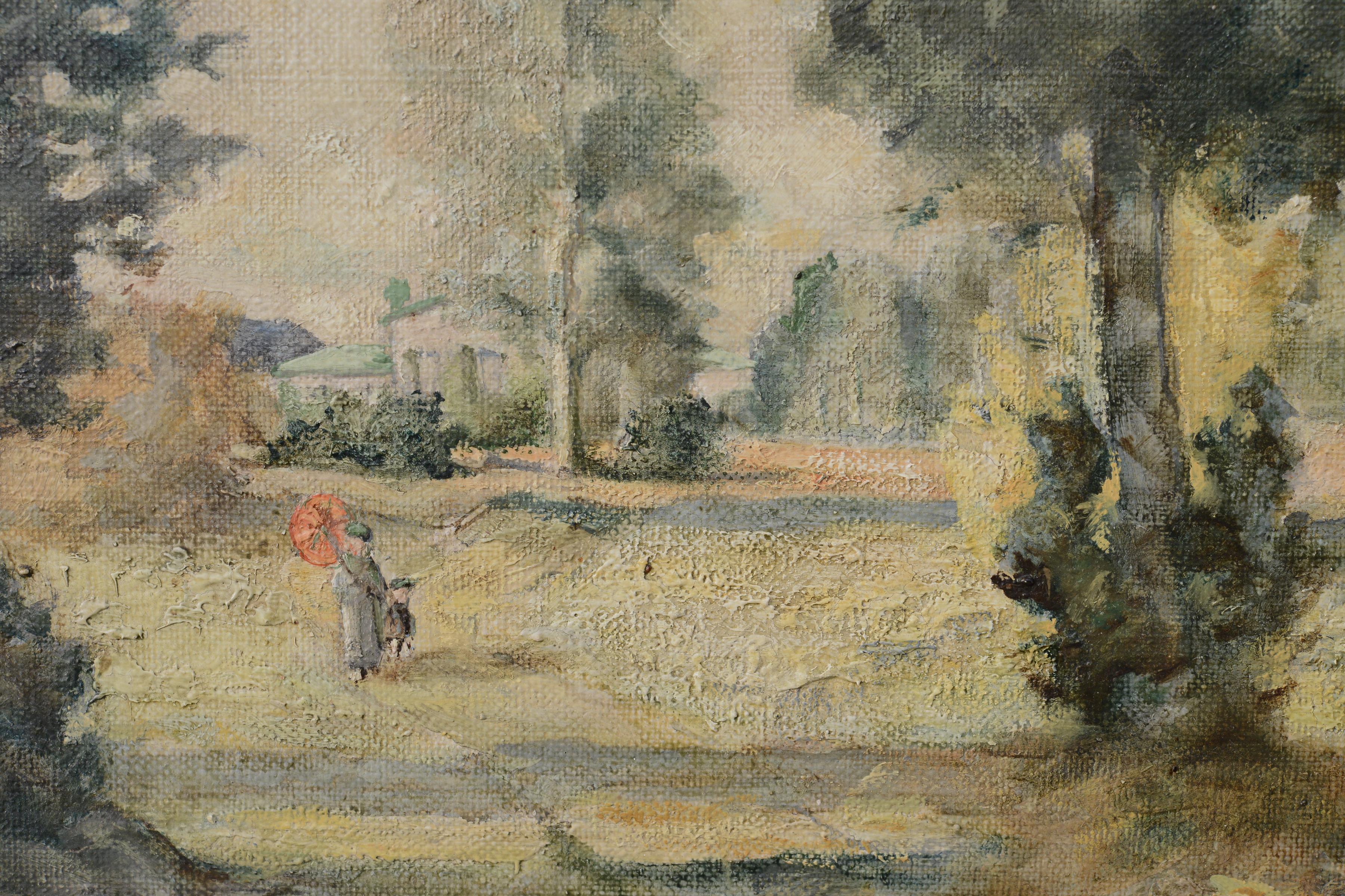 Giornata serena in una villa di campagna Paesaggio 1927 Pittura ad olio di un artista svedese - Figurative Painting Marrone di Ture Axelsson Bosin