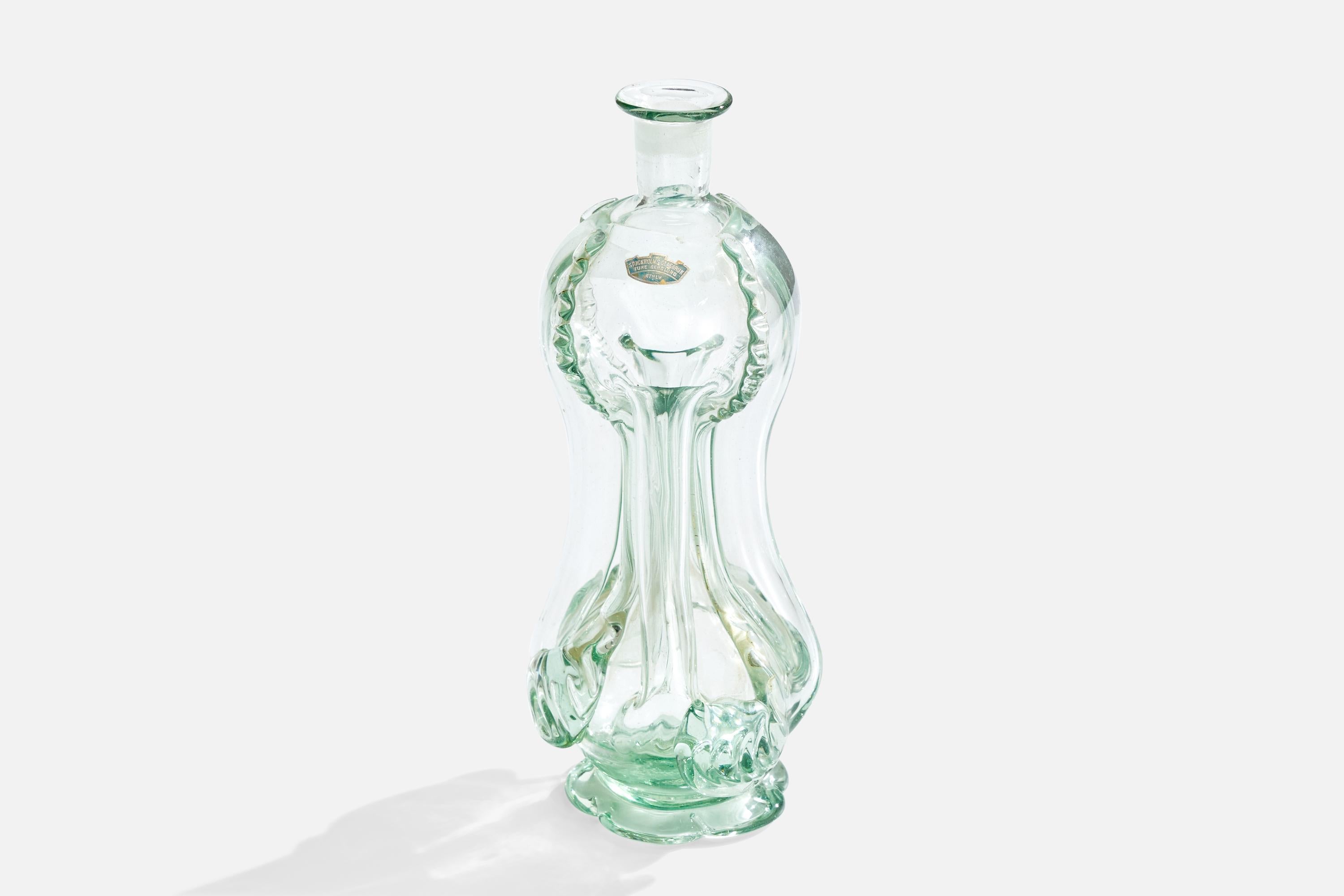 A blown glass bottle designed by Ture Berglund and produced by Skansens Glasbruk, Sweden, 1940s.
