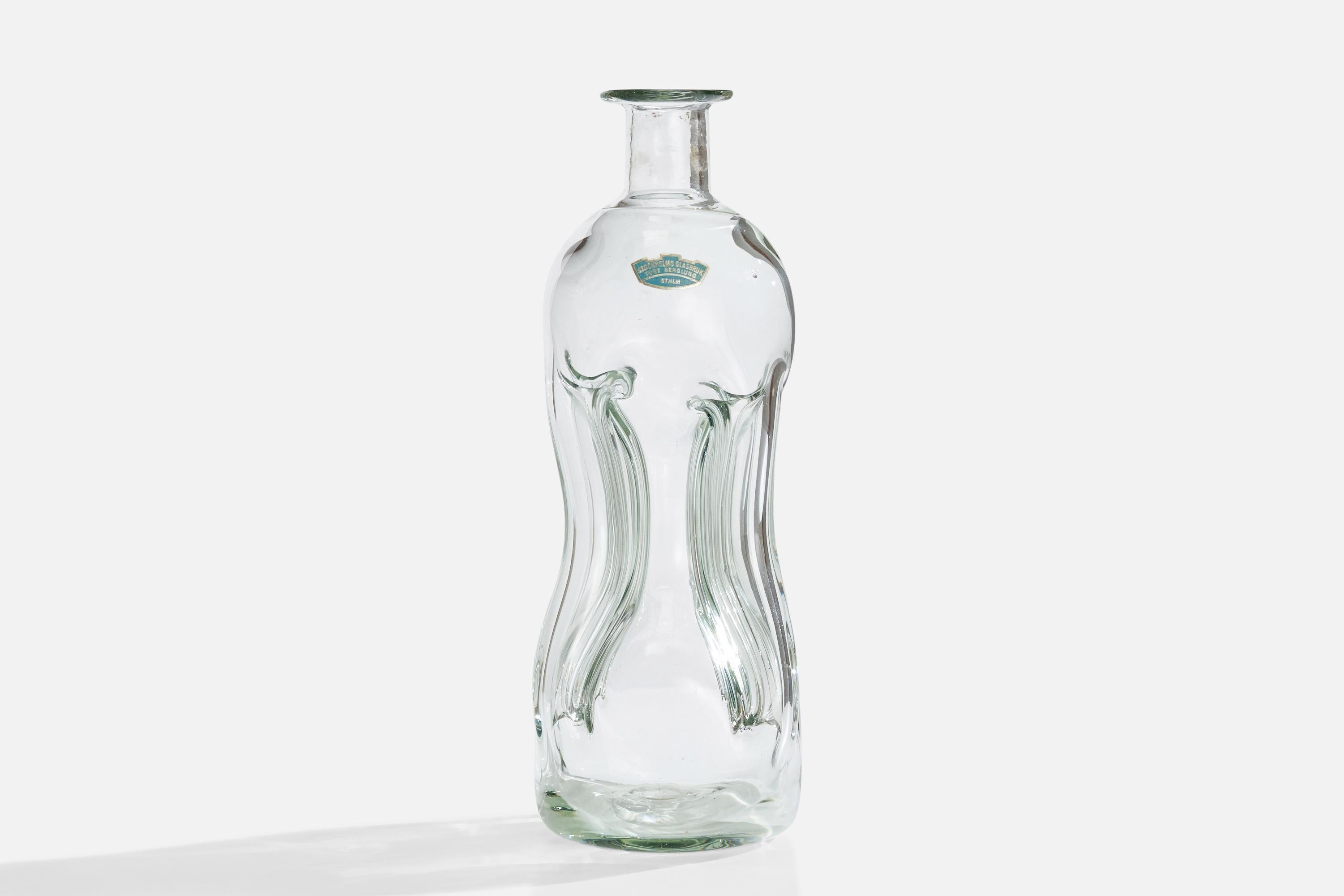 Swedish Ture Berglund, Bottle, Glass, Sweden, 1940s For Sale