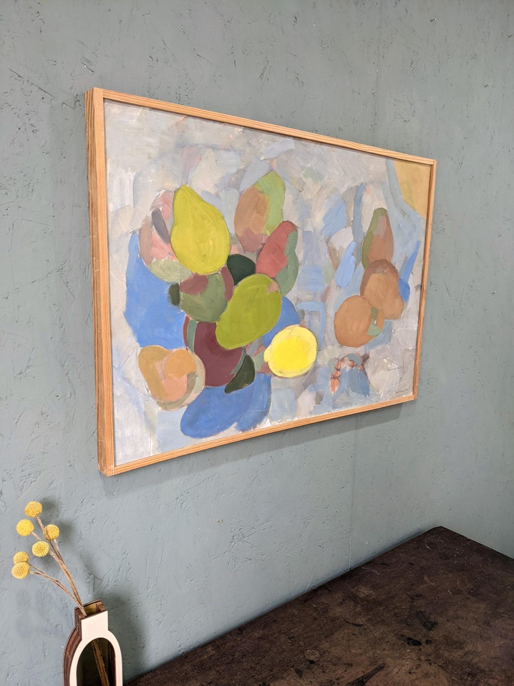 PERE E LIMONI
Dimensioni: 49 x 70 cm (cornice inclusa)
Olio su tela

Una composizione ad olio di natura morta di metà secolo, brillantemente eseguita, dipinta nel 1951 dall'affermato artista svedese Ture Fabiansson (1910-1994), le cui opere sono