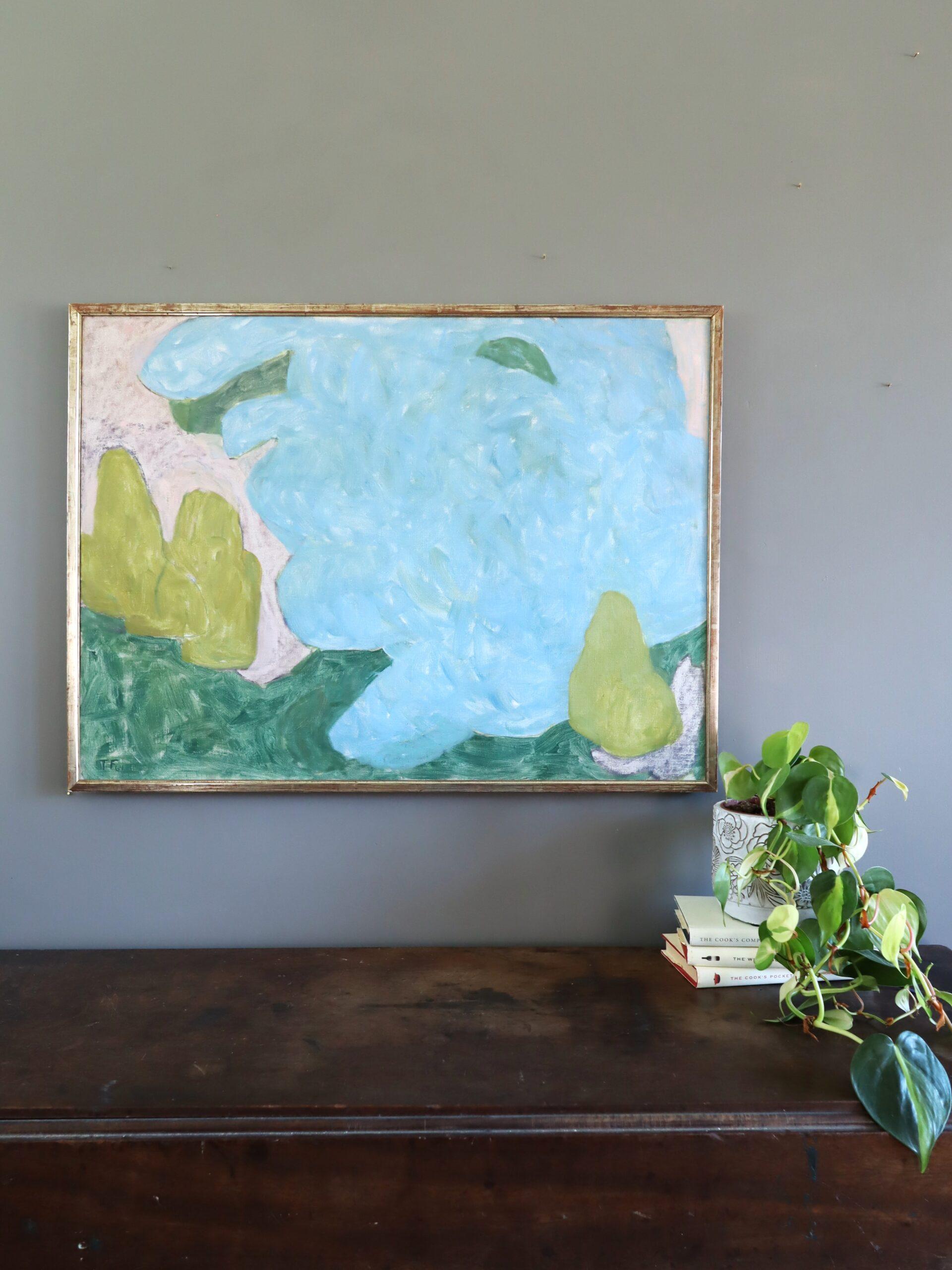 1964 Vintage Modernist Abstrakte Landschaft Ölgemälde - Whispers of Blue (Blau), Landscape Painting, von Ture Fabiansson