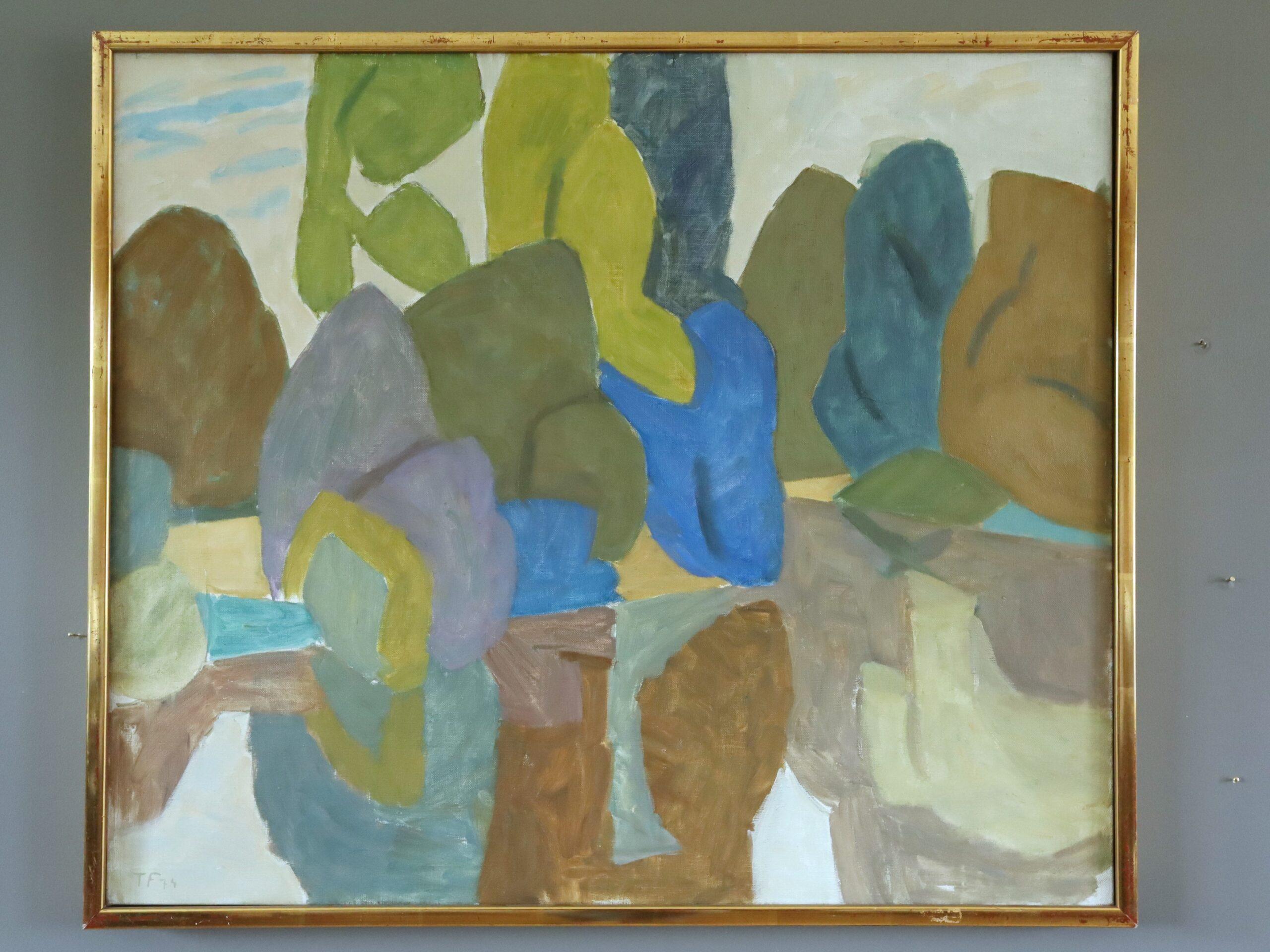 1974 Vintage Modernista Paisaje Abstracto Pintura al Óleo -Reflejos en la Arboleda - Painting de Ture Fabiansson