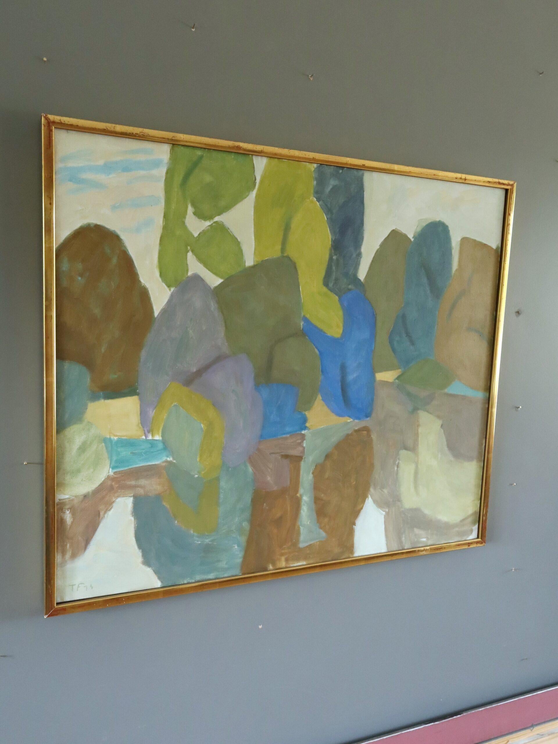 1974 Vintage Modernista Paisaje Abstracto Pintura al Óleo -Reflejos en la Arboleda - Landscape Painting Gris de Ture Fabiansson
