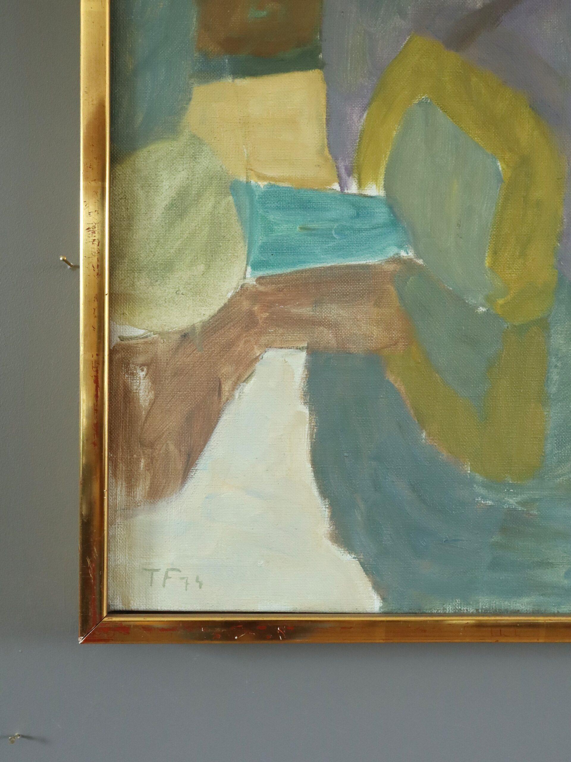 1974 Vintage Modernista Paisaje Abstracto Pintura al Óleo -Reflejos en la Arboleda en venta 1