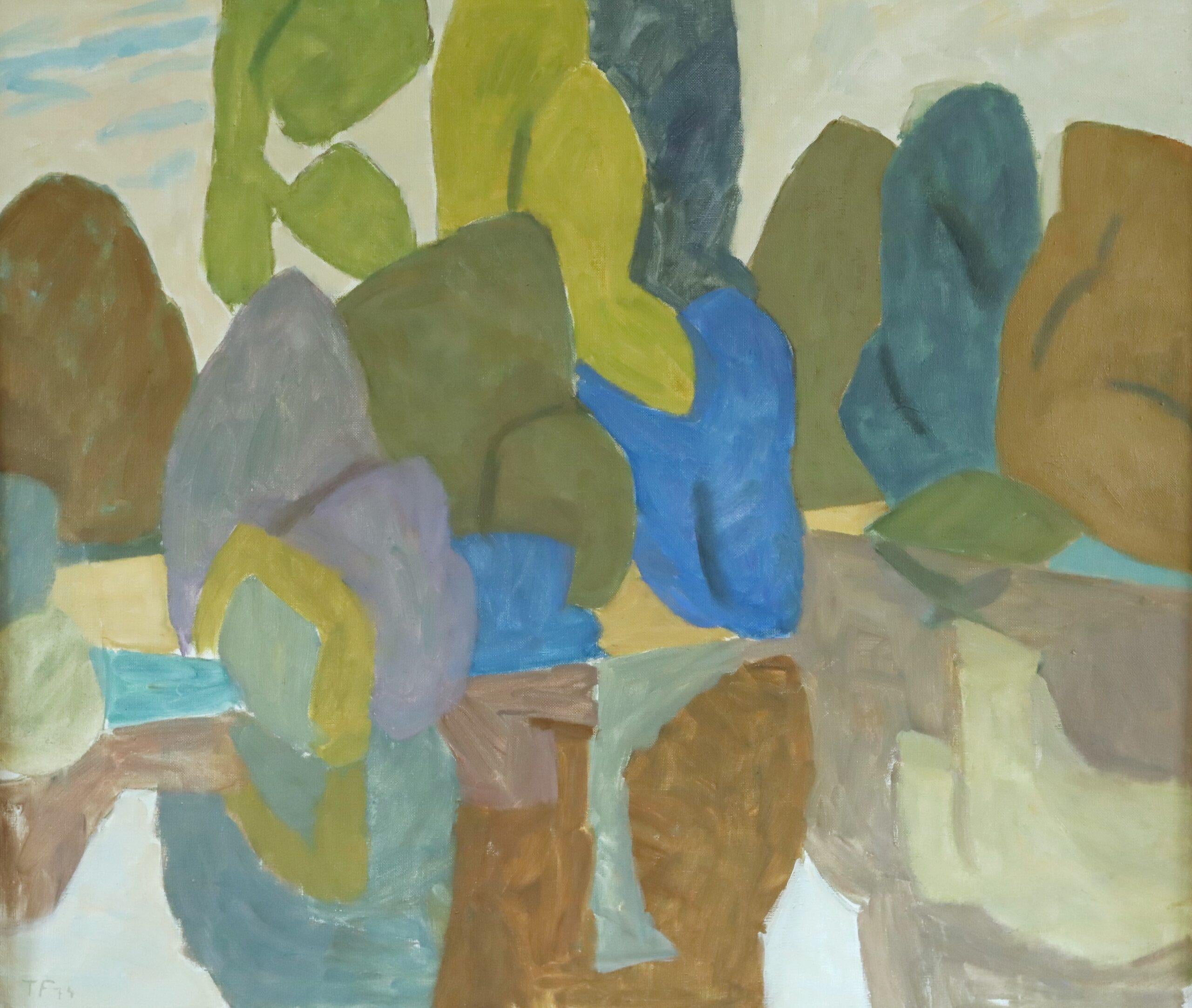 1974 Vintage Modernista Paisaje Abstracto Pintura al Óleo -Reflejos en la Arboleda en venta 2