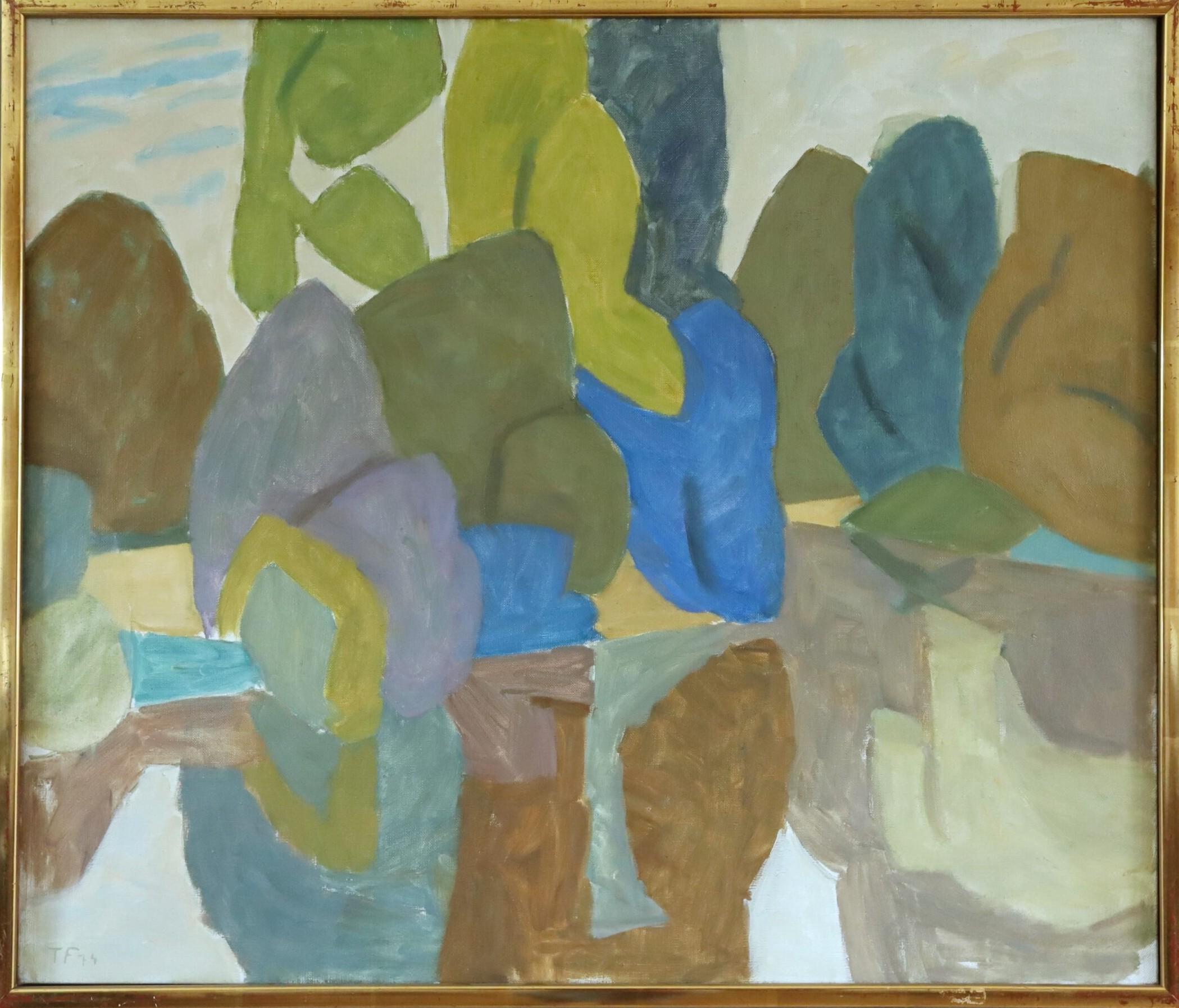 Landscape Painting de Ture Fabiansson - 1974 Vintage Modernista Paisaje Abstracto Pintura al Óleo -Reflejos en la Arboleda