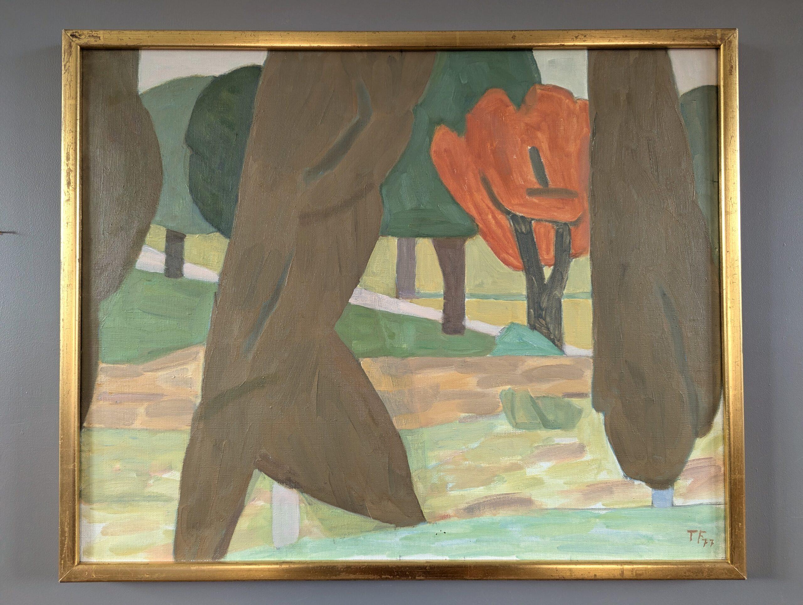 1977 Vintage Original Modernist Landscape Oil Painting - Modernist Forest - Brown Landscape Painting by Ture Fabiansson