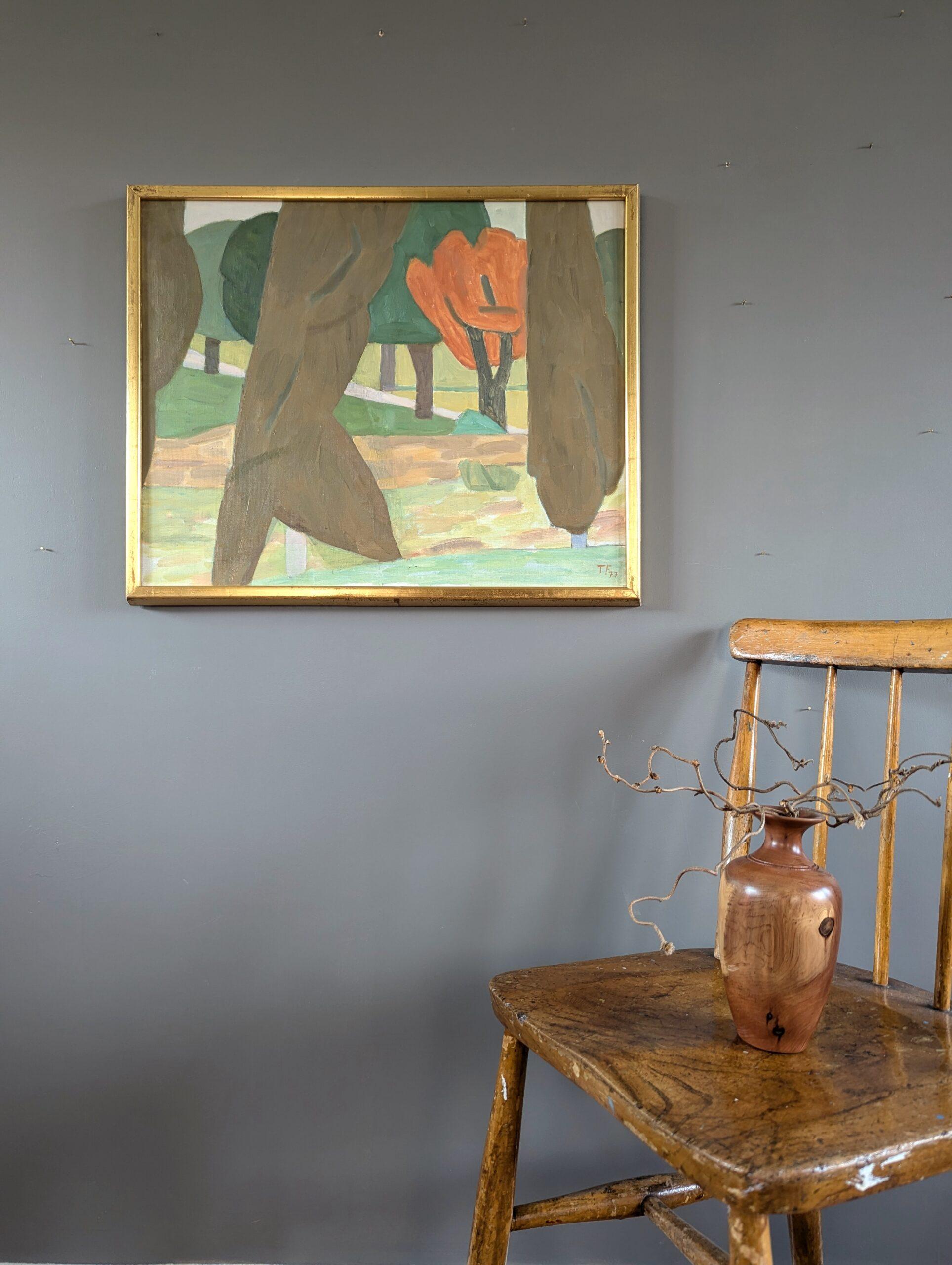 MODERNIST FOREST
Oil on canvas
Size: 49 x 60 cm (including frame)

A very pleasant modernist landscape oil composition dated 1977, and painted by the established Swedish artist Ture Fabiansson (1910-1994), whose works have been exhibited in public