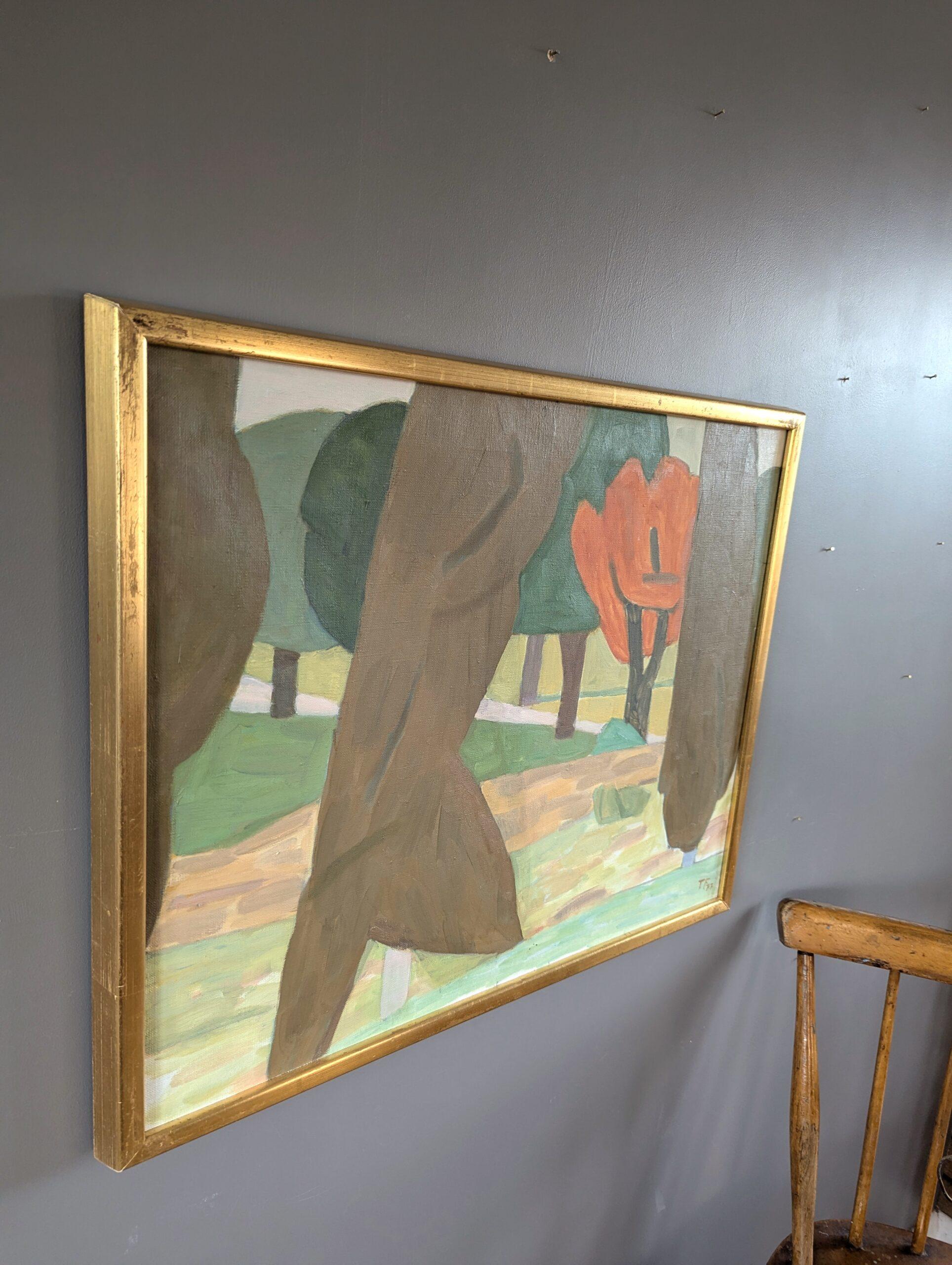 1977 Vintage Original Modernist Landscape Oil Painting - Modernist Forest For Sale 1