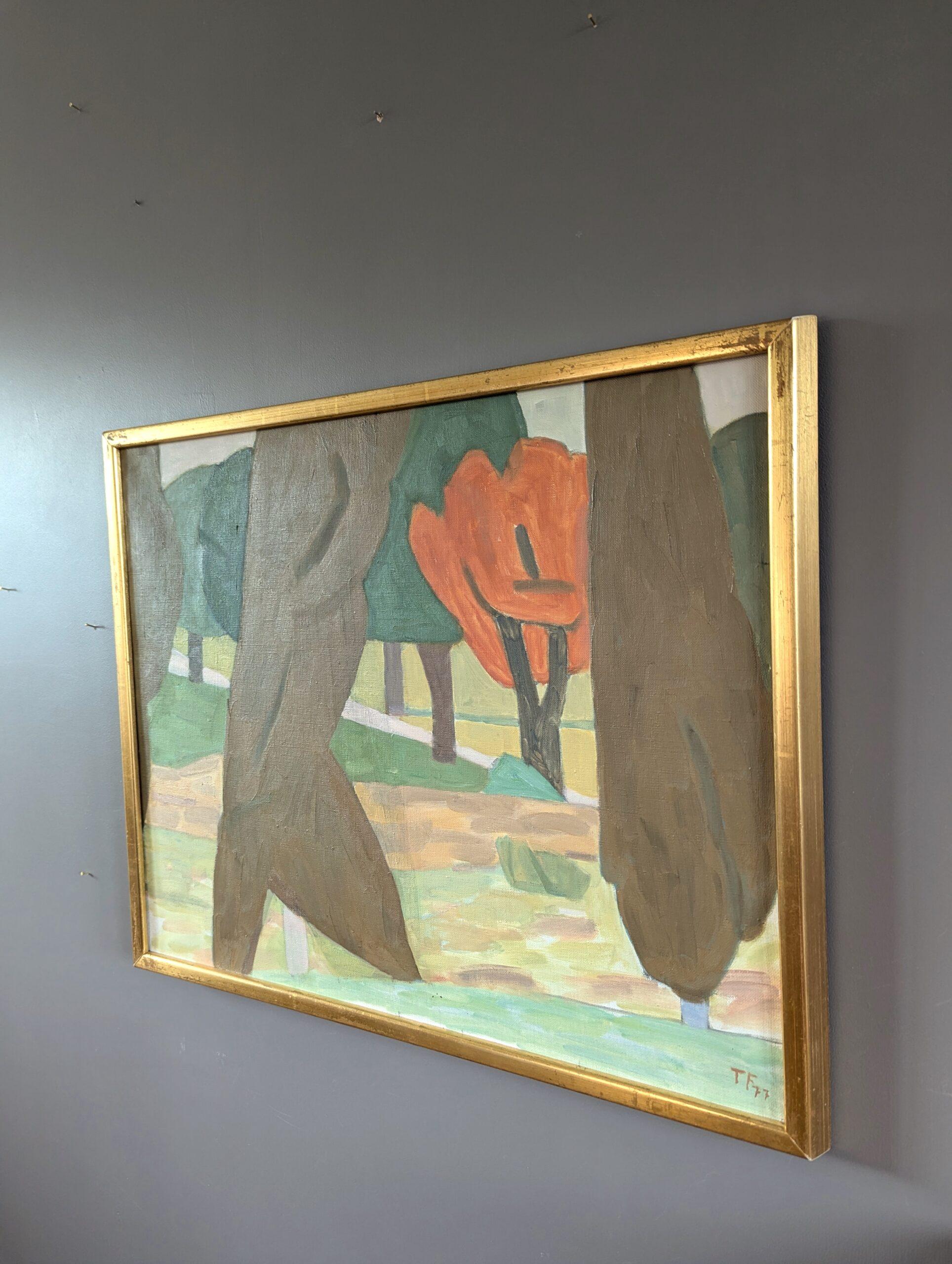 1977 Vintage Original Modernist Landscape Oil Painting - Modernist Forest For Sale 2