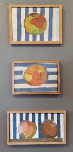 Set of  3 Mid-Century Modern Still Life Framed Oil Paintings - Apples & Stripes