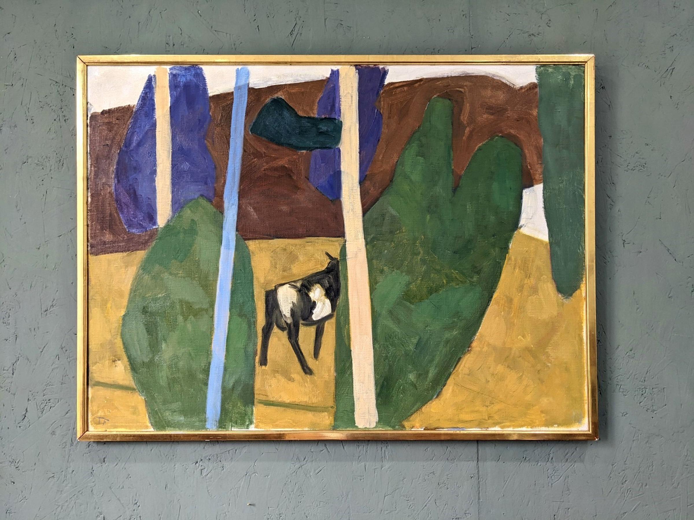 VACCA MODERNISTA
Dimensioni: 56 x 75 cm (cornice inclusa)
Olio su tela

Un'accattivante composizione paesaggistica modernista di metà secolo, realizzata a olio dall'affermato artista svedese Ture Fabiansson (1910-1994), le cui opere sono state