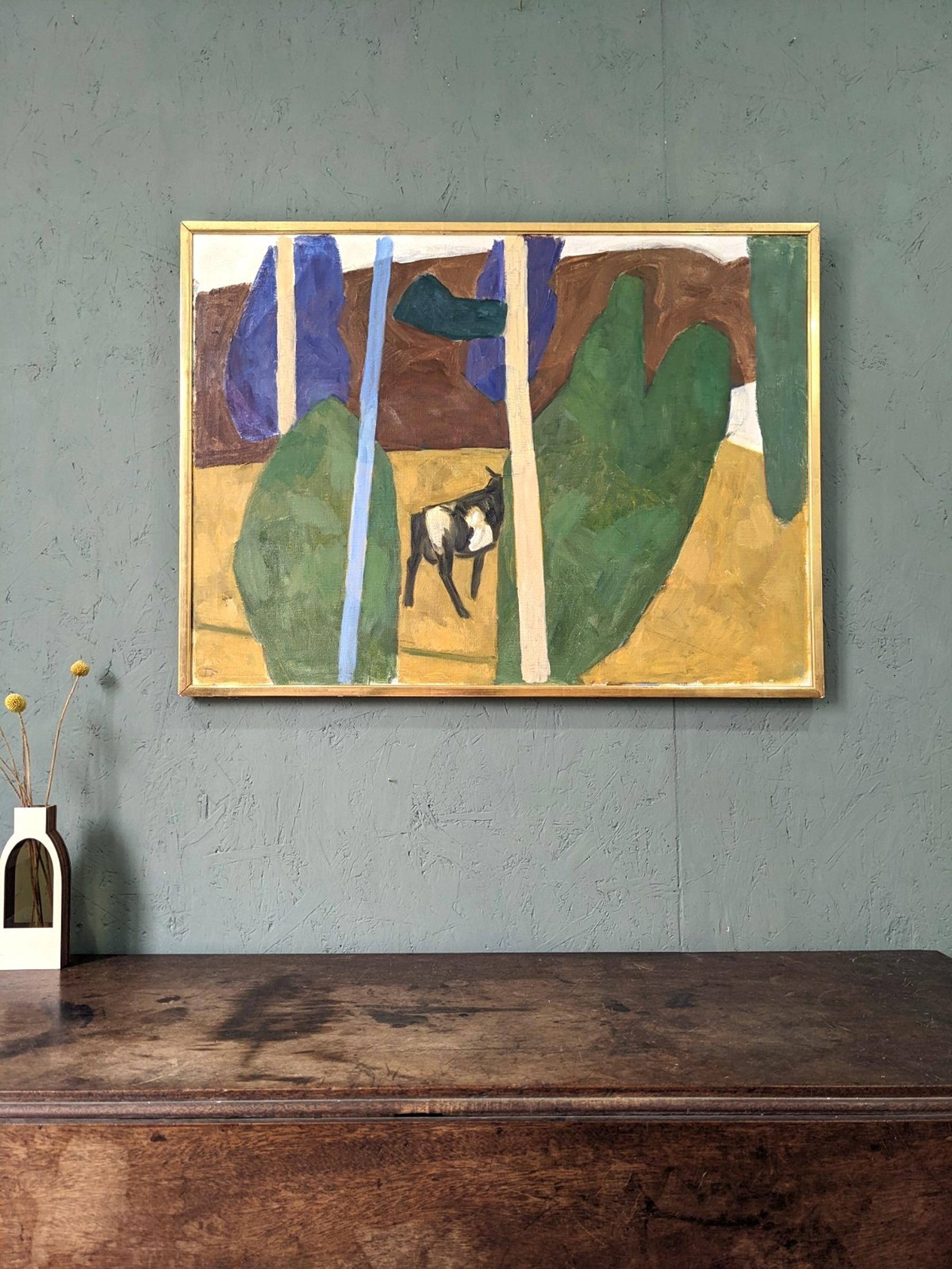 Vintage Swedish Animal Landscape Framed Oil Painting - Mucca modernista 1
