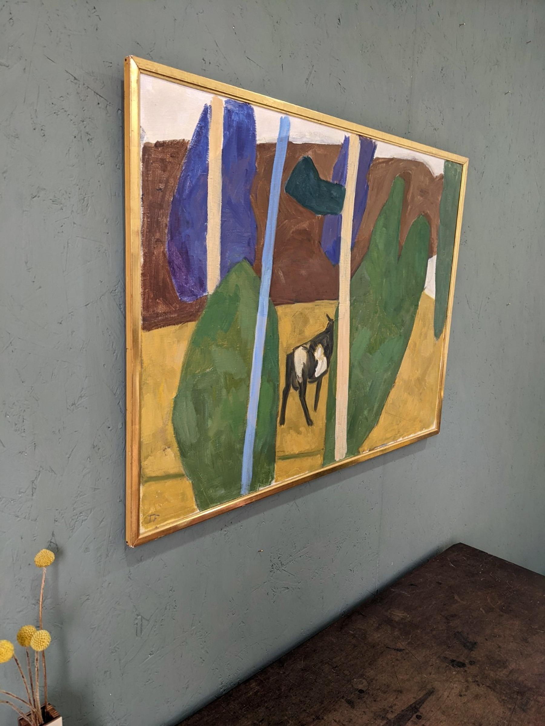 Vintage Swedish Animal Landscape Framed Oil Painting - Mucca modernista 2