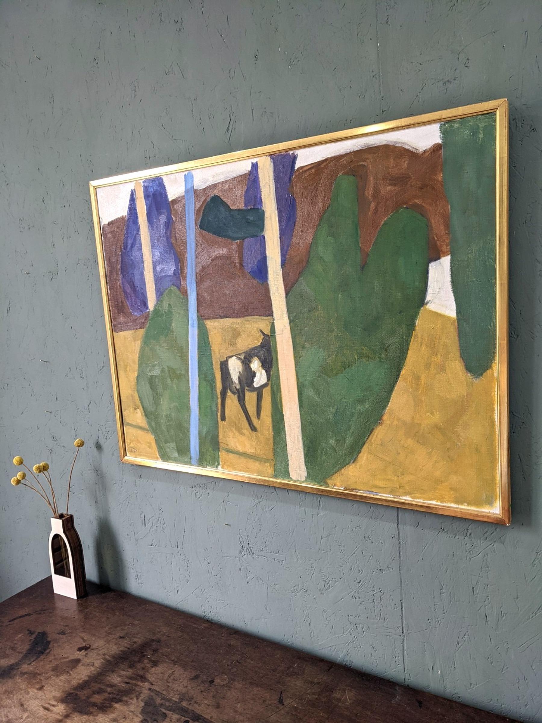 Vintage Swedish Animal Landscape Framed Oil Painting - Mucca modernista 3