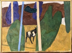 Peinture à l'huile suédoise vintage encadrée - Paysage animalier moderniste - Vache