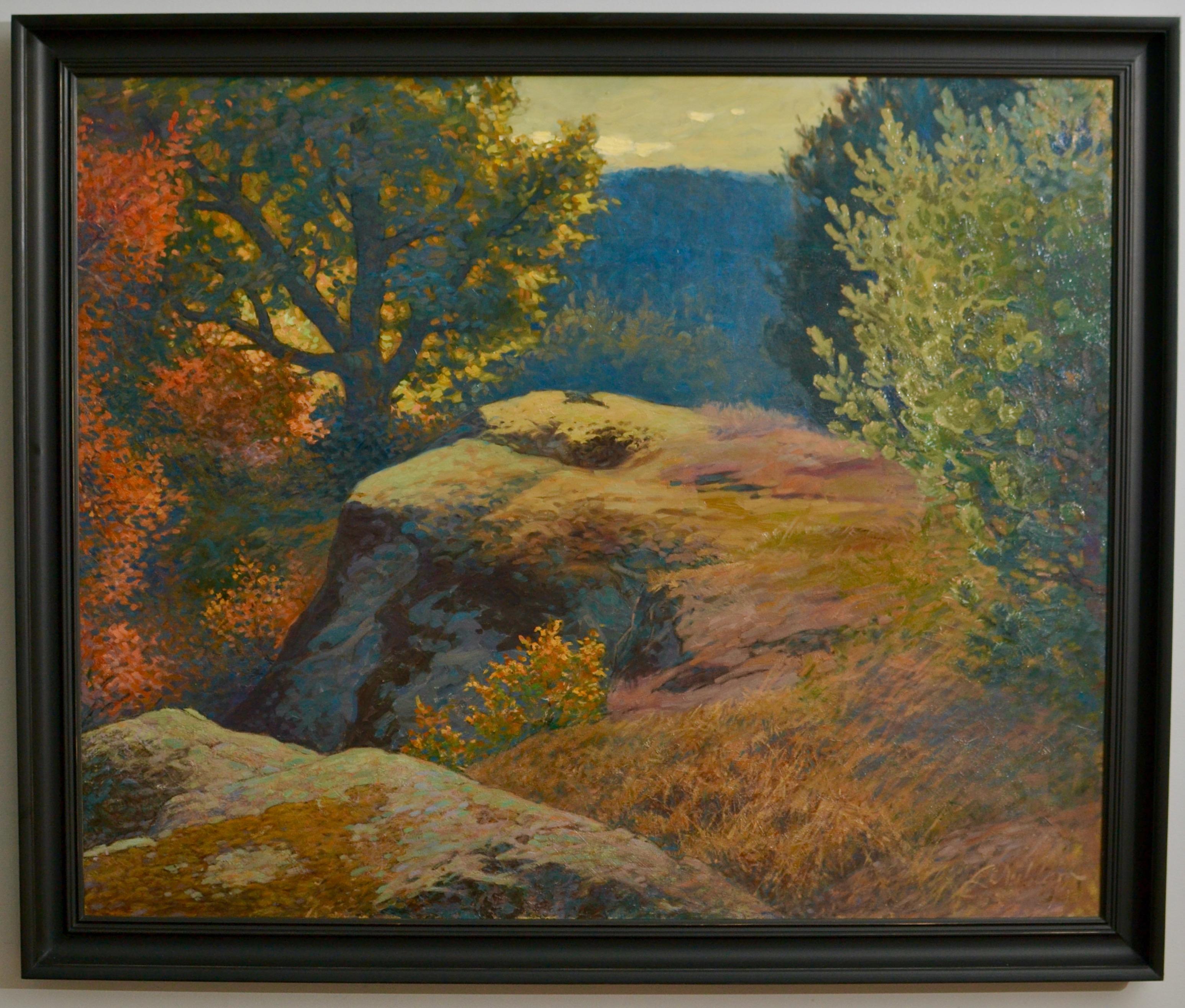 Lennart Nyblom, Fall Sunset Landscape with Trees and Bushes on a Rocky Hill  - Naturalistic Painting by Ture Lennart Nyblom