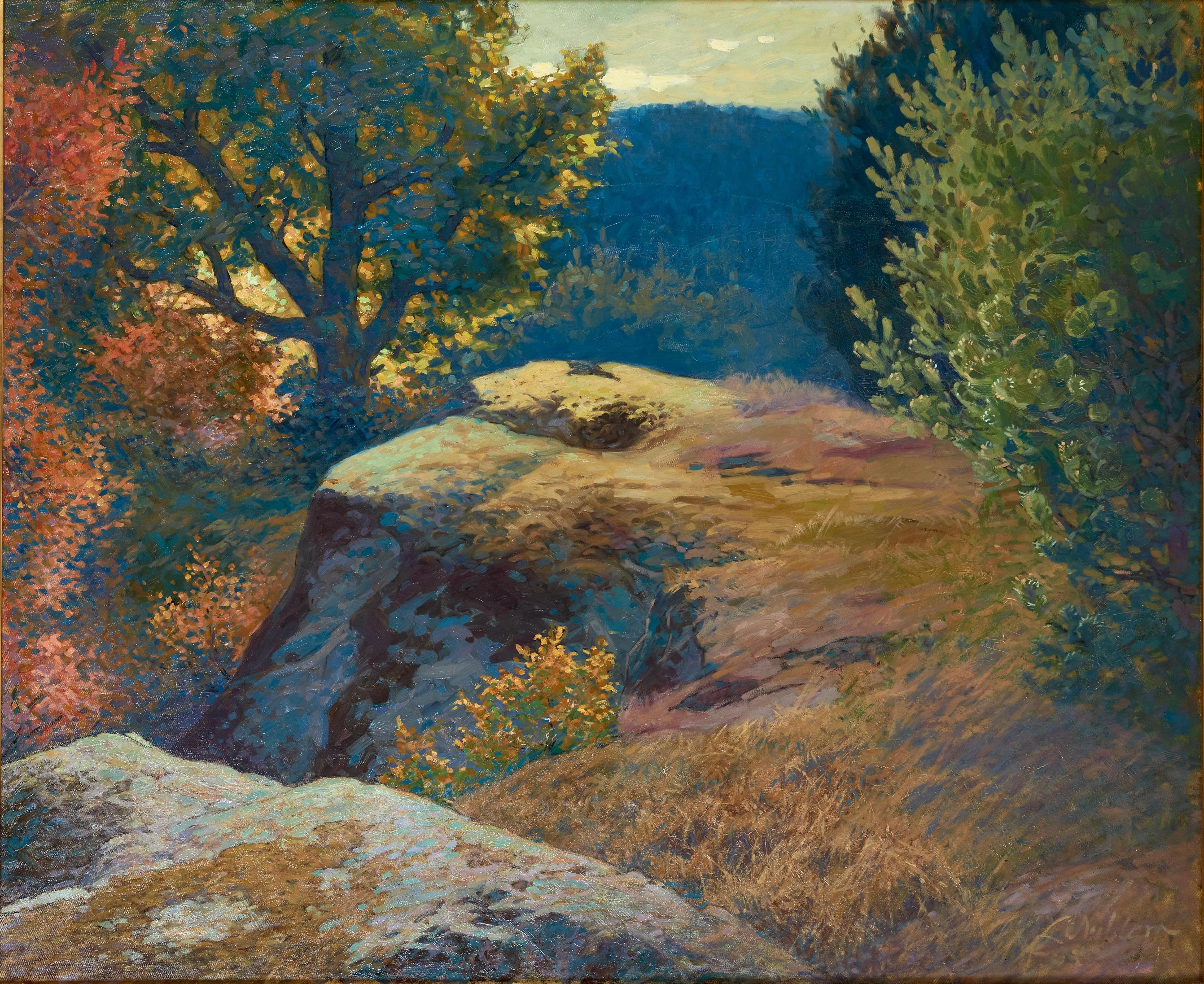 Lennart Nyblom, Fall Sunset Landscape with Trees and Bushes on a Rocky Hill  - Painting by Ture Lennart Nyblom