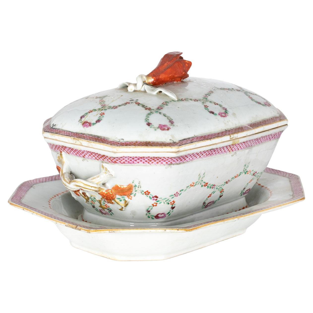 Tureen & Platter Rose Porcelain By Portuguese India Company, 18th Century