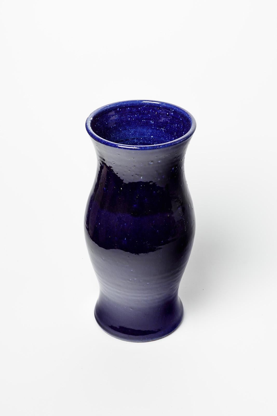 Mid-Century Modern Turgis Blue Design Ceramic Vase French Unique Piece, 1960 For Sale