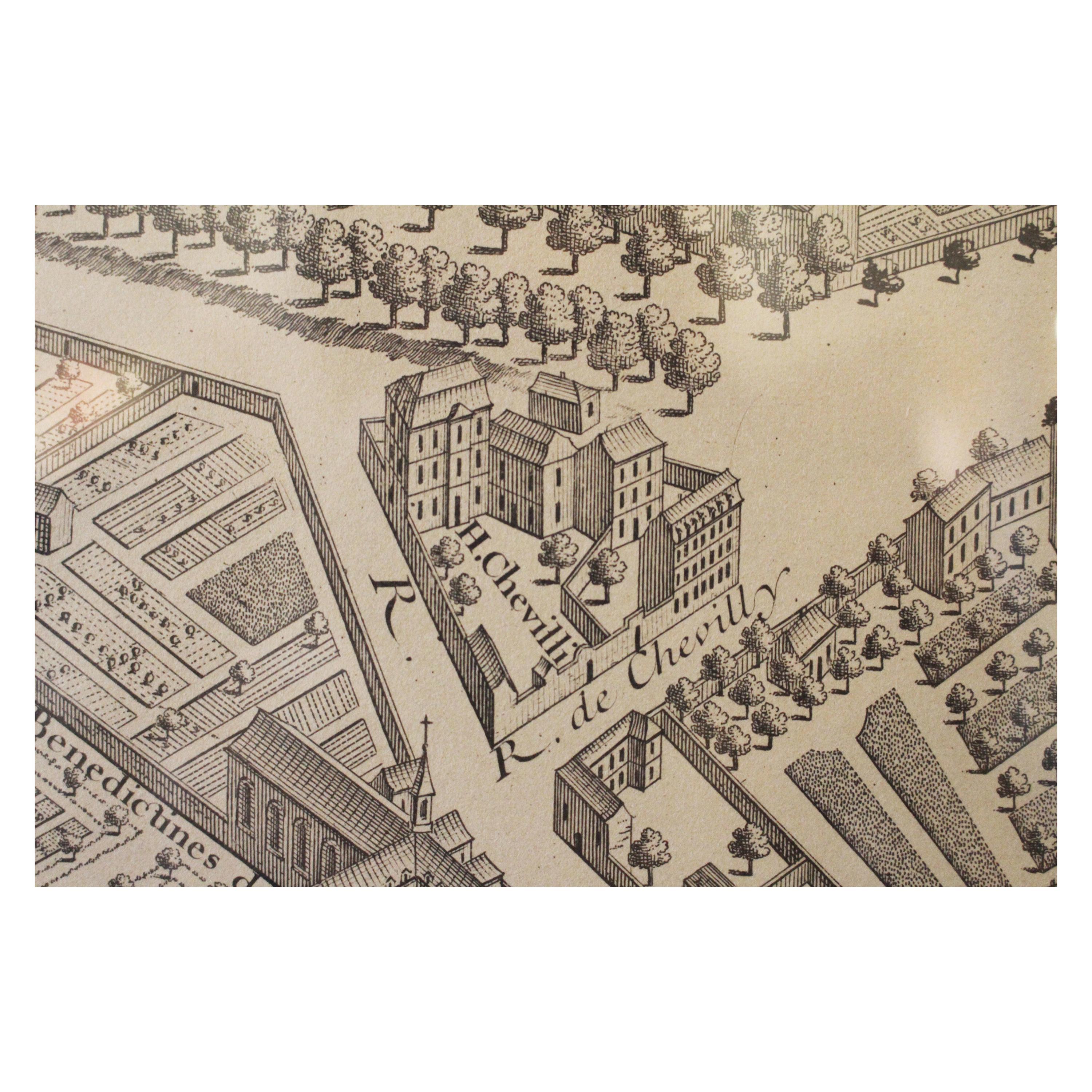 Twenty maps fitting together to create one large view of Paris. Drawn from a hot air balloon. Originally engraved in 1739, these were printed by the Louvre in the 1930s. Acid free backing, with museum plexiglass, UV filter.