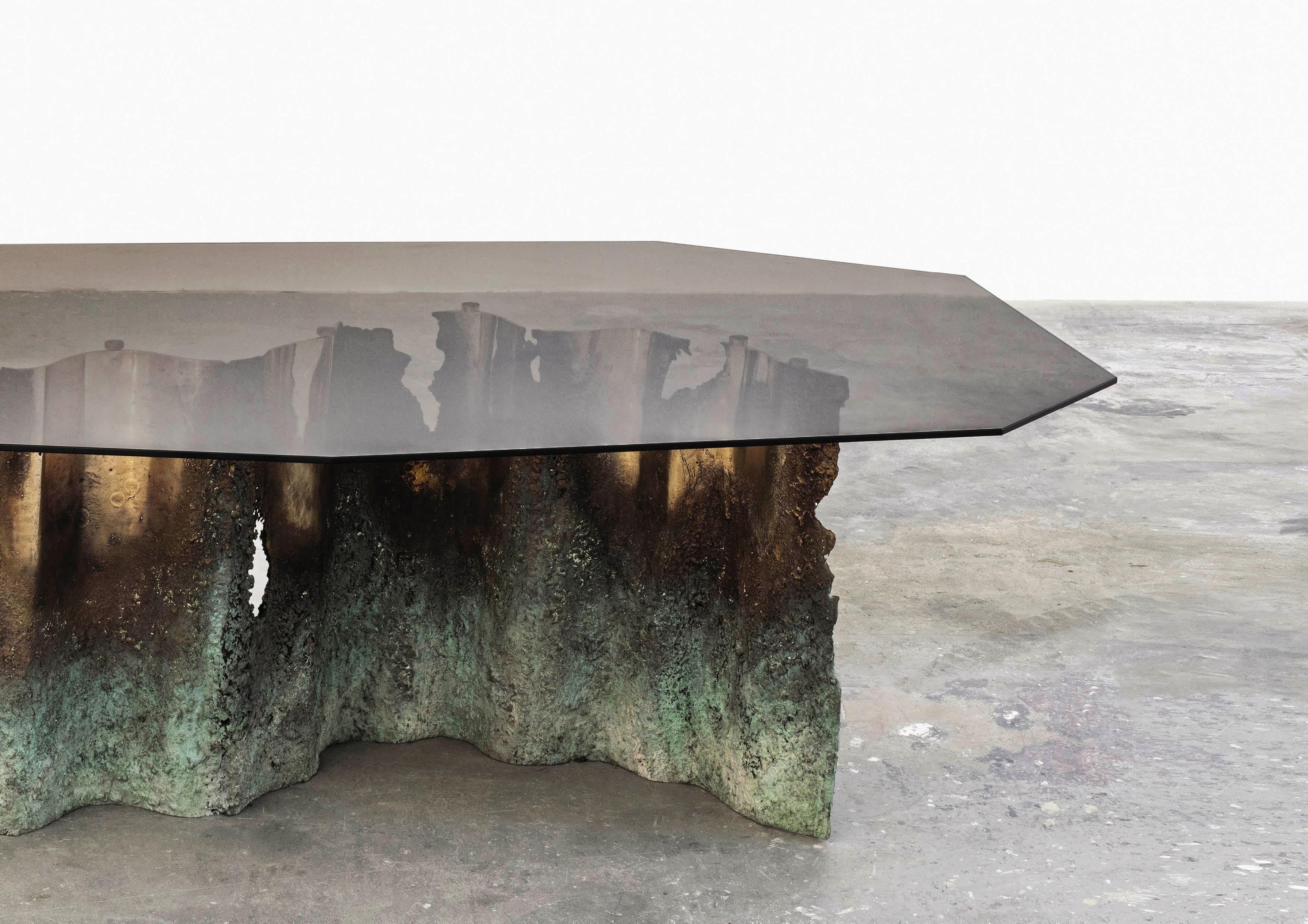 European Turin Dining Table in Casted Bronze and Tempered Glass For Sale