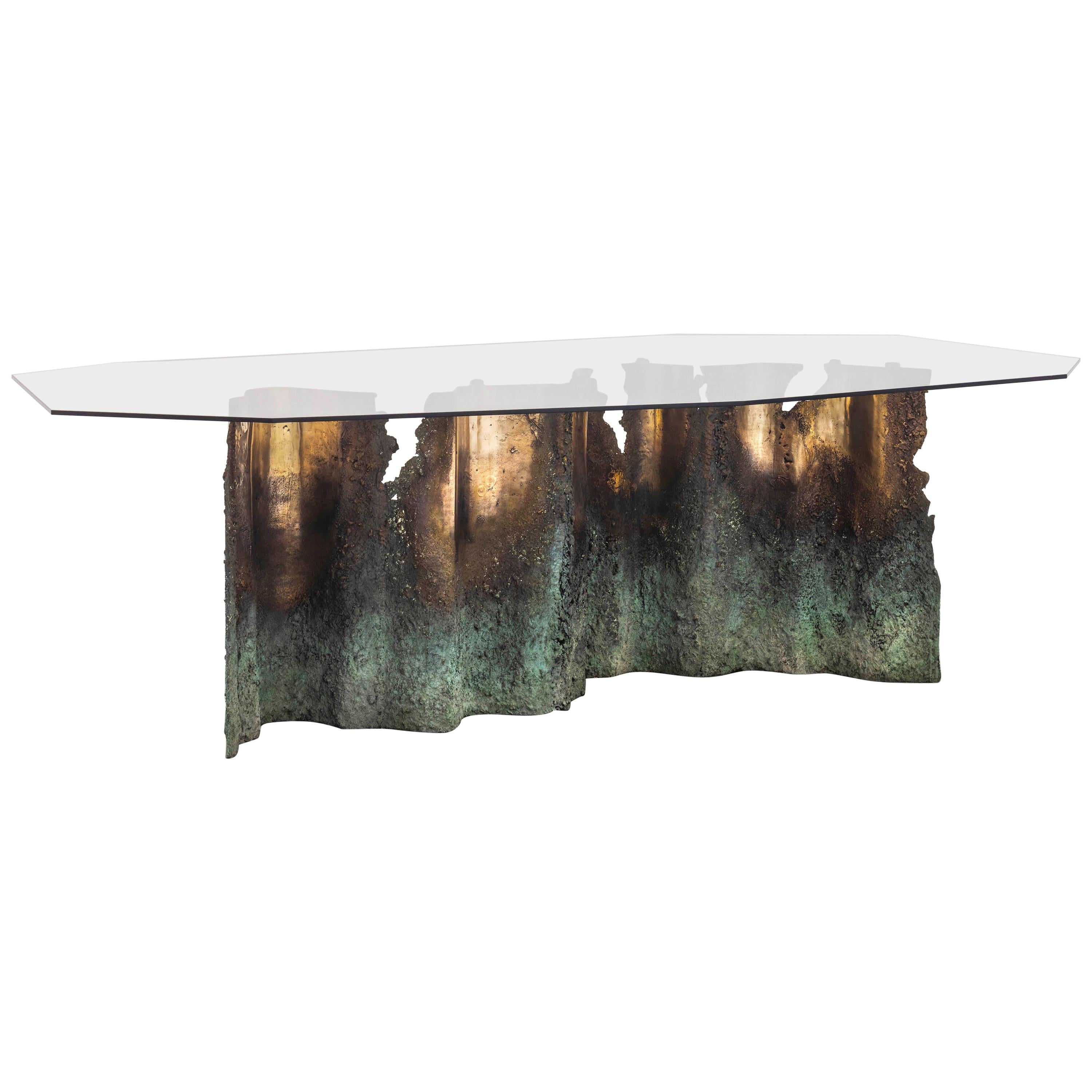 Turin Dining Table in Casted Bronze and Tempered Glass For Sale