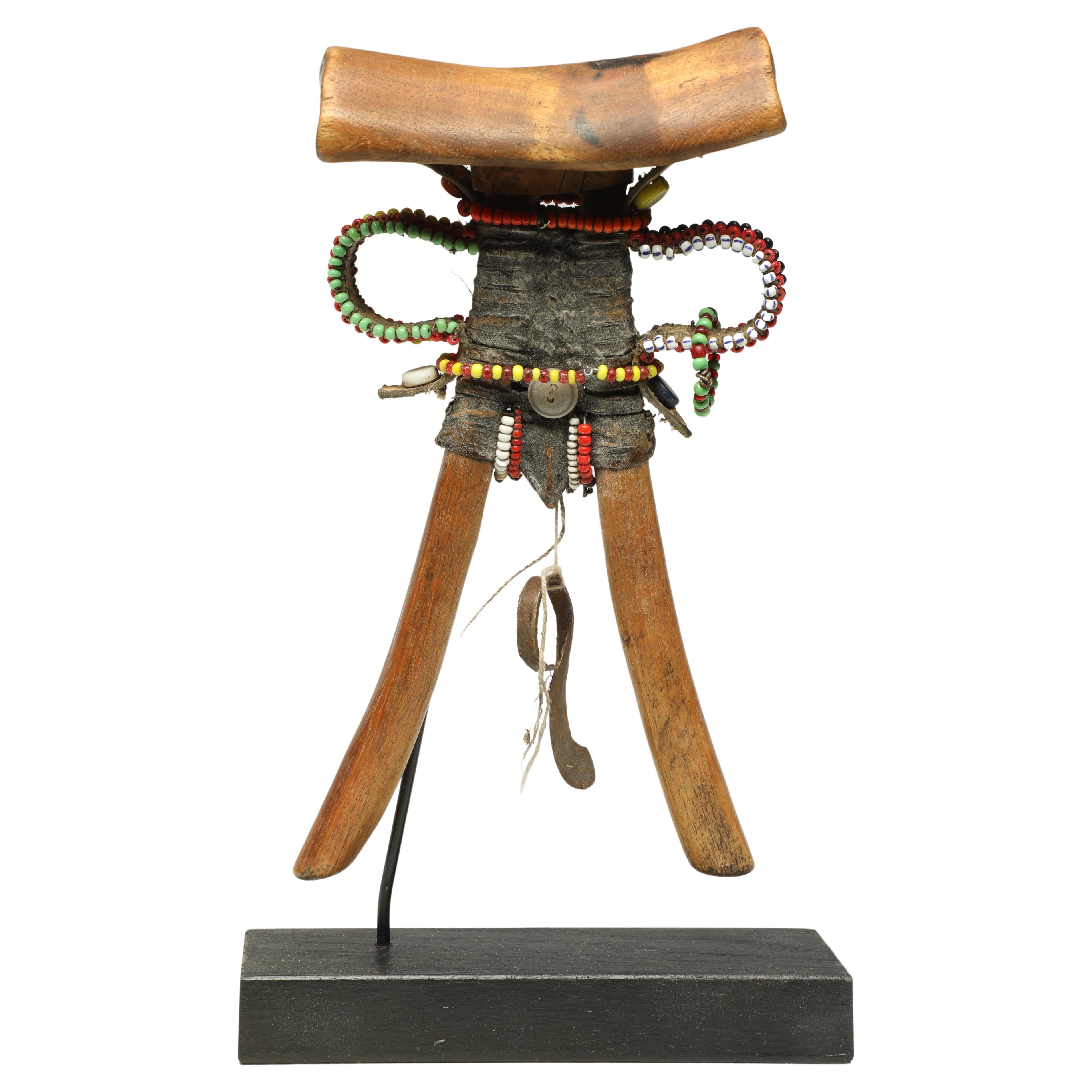 Turkana Tribal Wood Headrest, Stylized Human Form, African Beaded Attachments