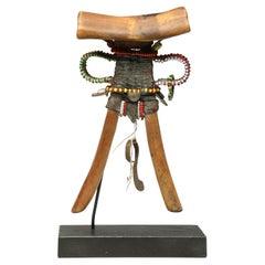 Turkana Tribal Wood Headrest, Stylized Human Form, African Beaded Attachments