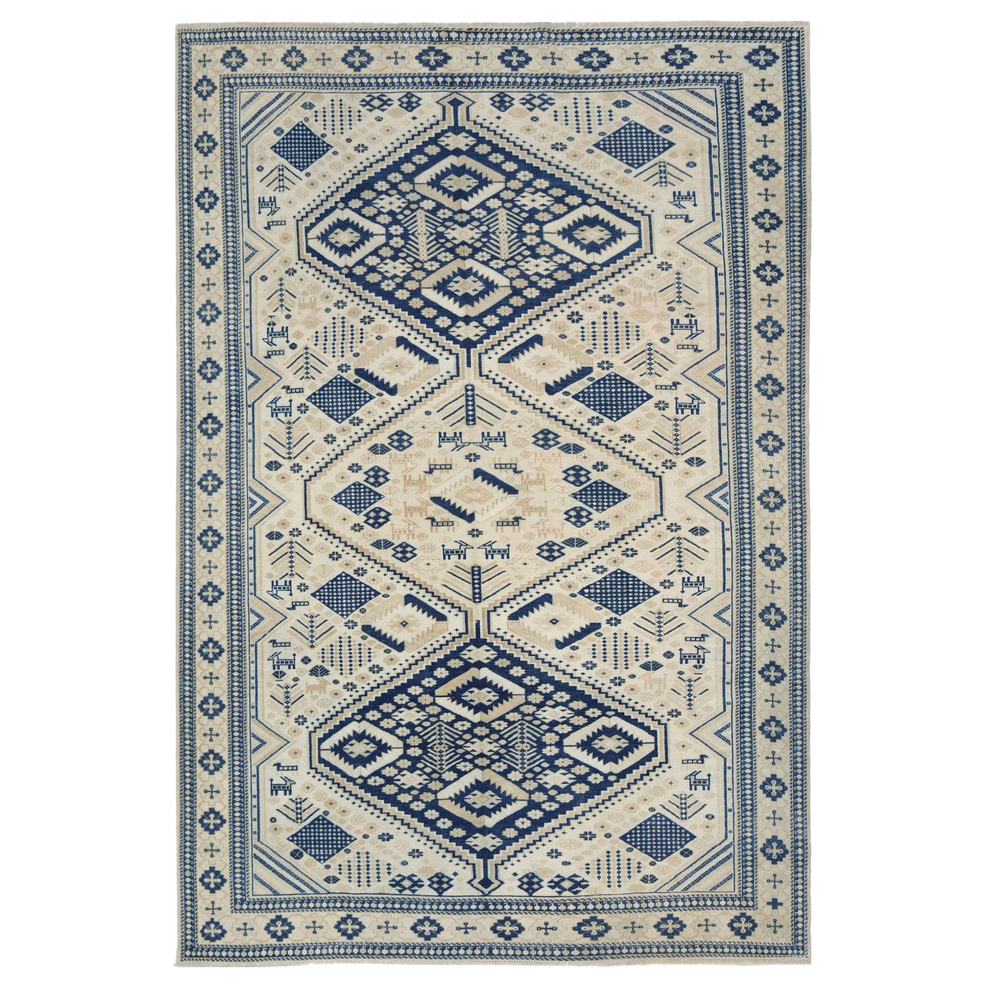 Tappeti Turchia Anatoly - Lana Avorio Design Blu Navy - 93040 in vendita