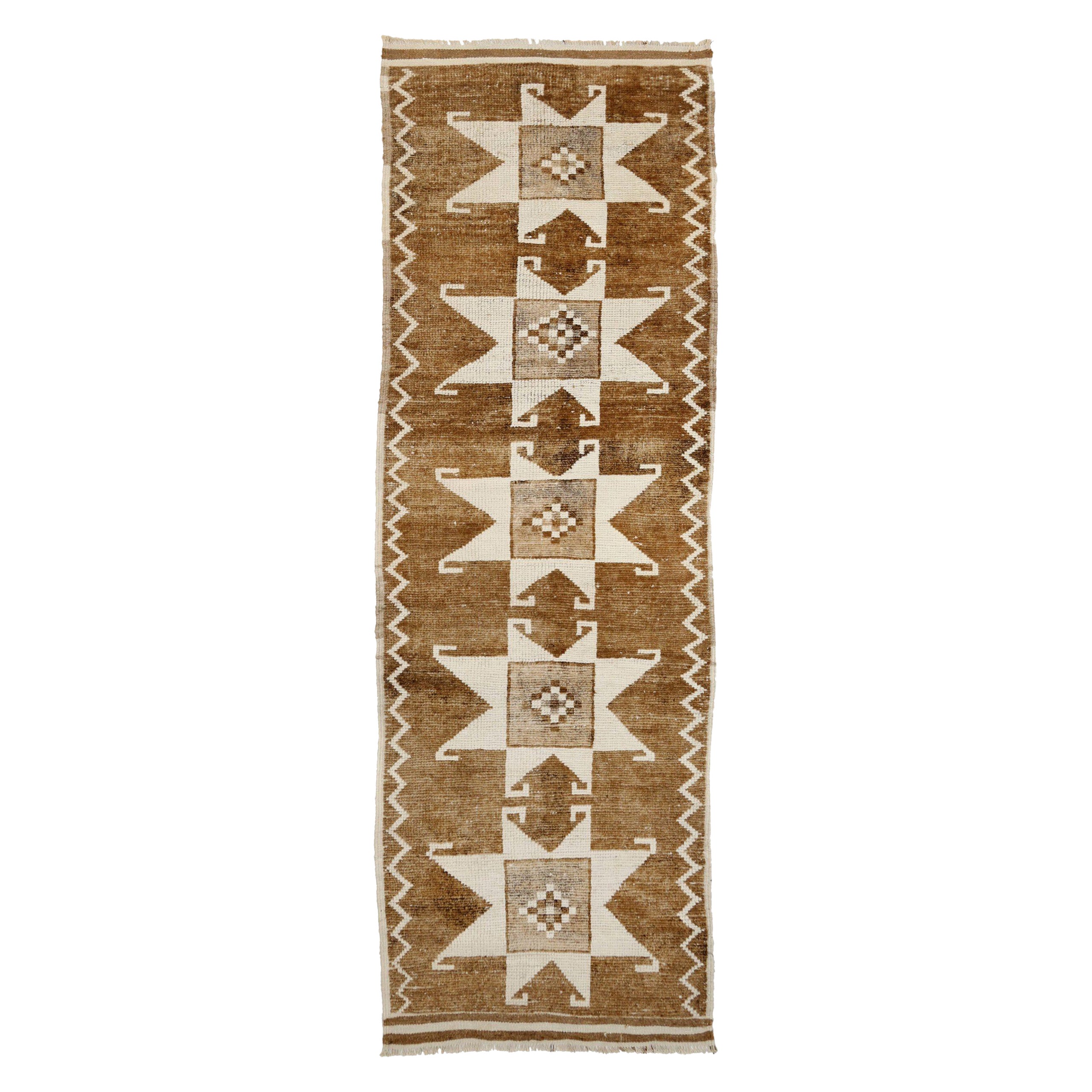 Turkey Anatoly Runner Rug - Wool Brown Ivory Design - 93201