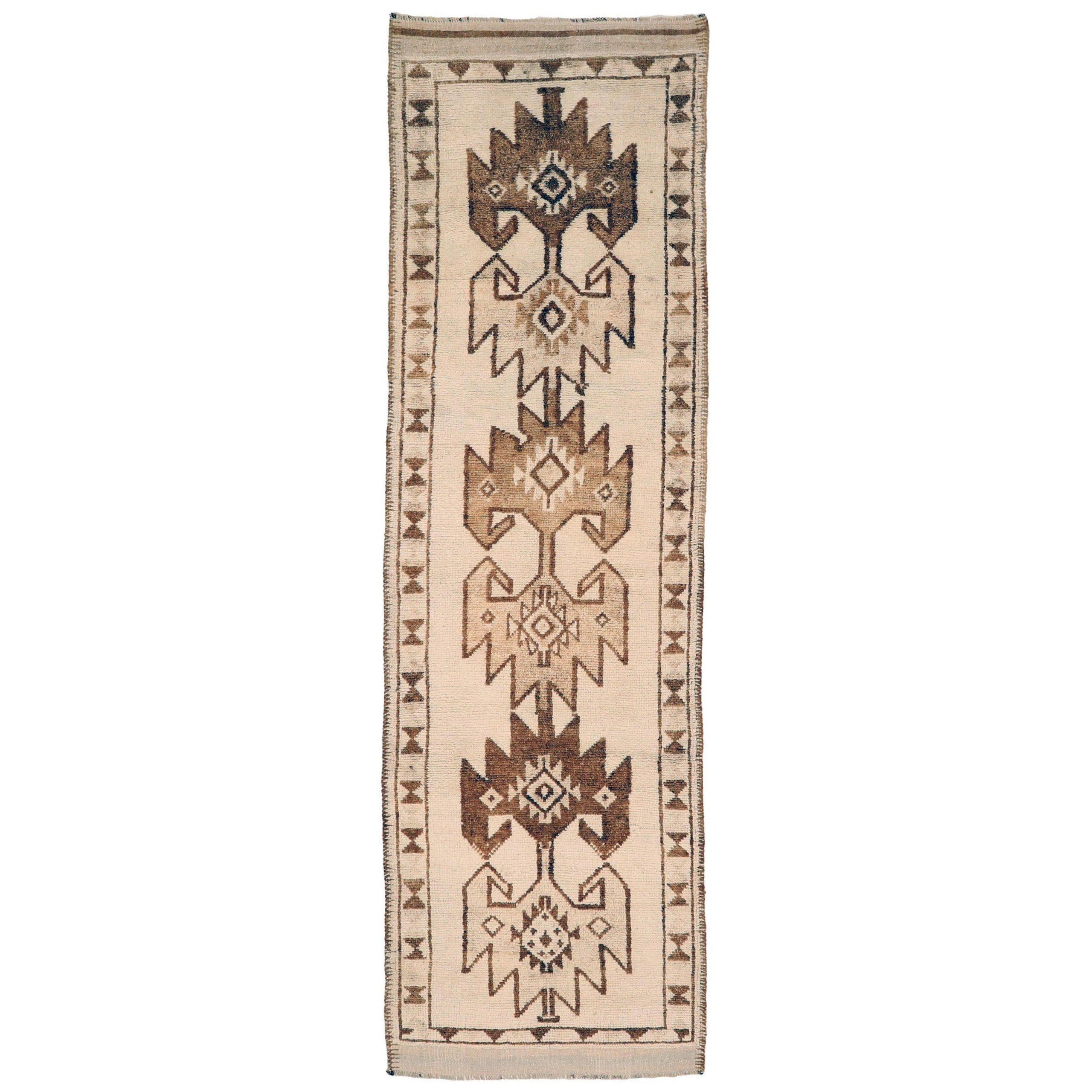 Turkey Anatoly Runner Rug - Wool Brown Ivory Design - 93314