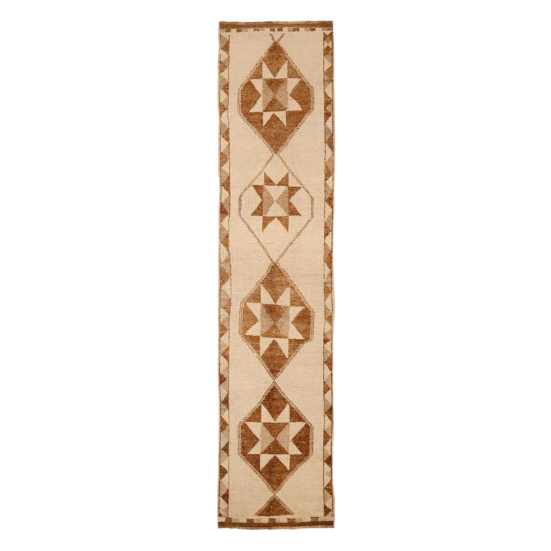 Turkey Anatoly Runner Rug - Wool Brown Ivory Design - 93346