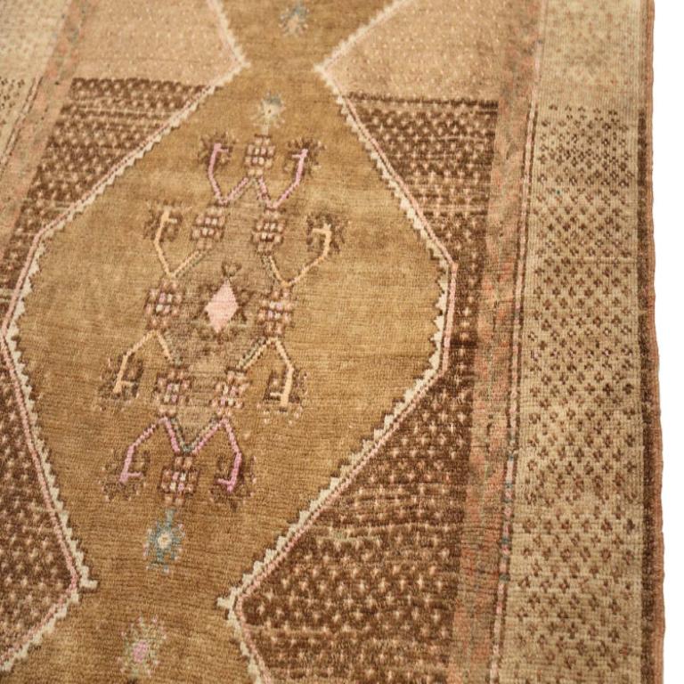 Hand-Knotted Turkey Anatoly Runner Rug - Wool Brown Ivory Pink Design - 92935 For Sale