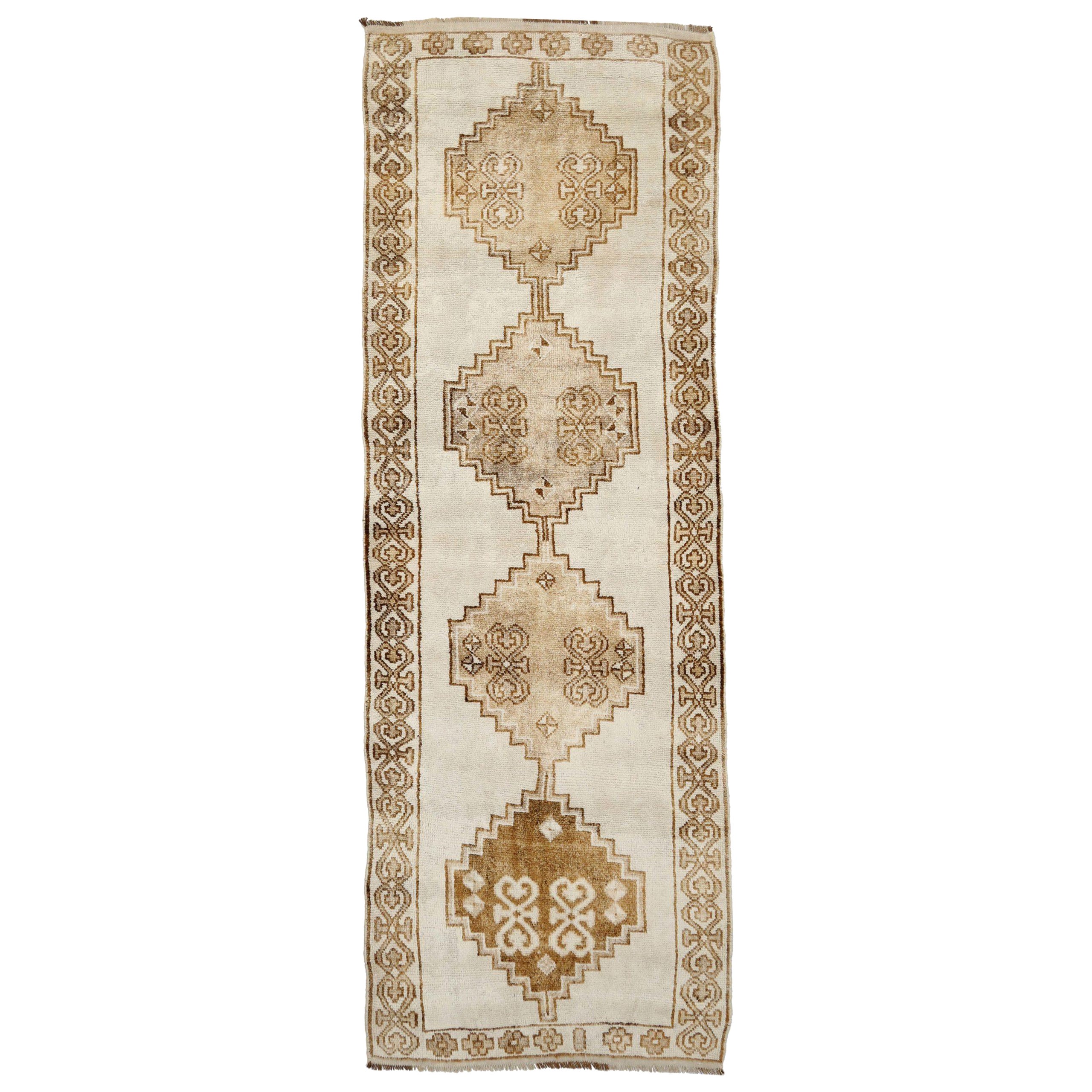 Turkey Anatoly Runner Rug - Wool Brown Ivory Taupe Design - 93206