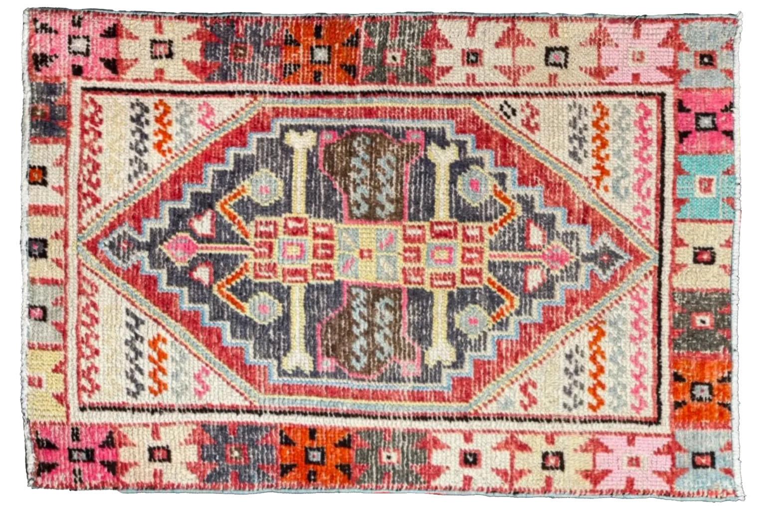 Türkischer Anatoly Kleiner Teppich - Baumwolle Blau Elfenbein Rosa Rot Design - 93231 (Stammeskunst) im Angebot