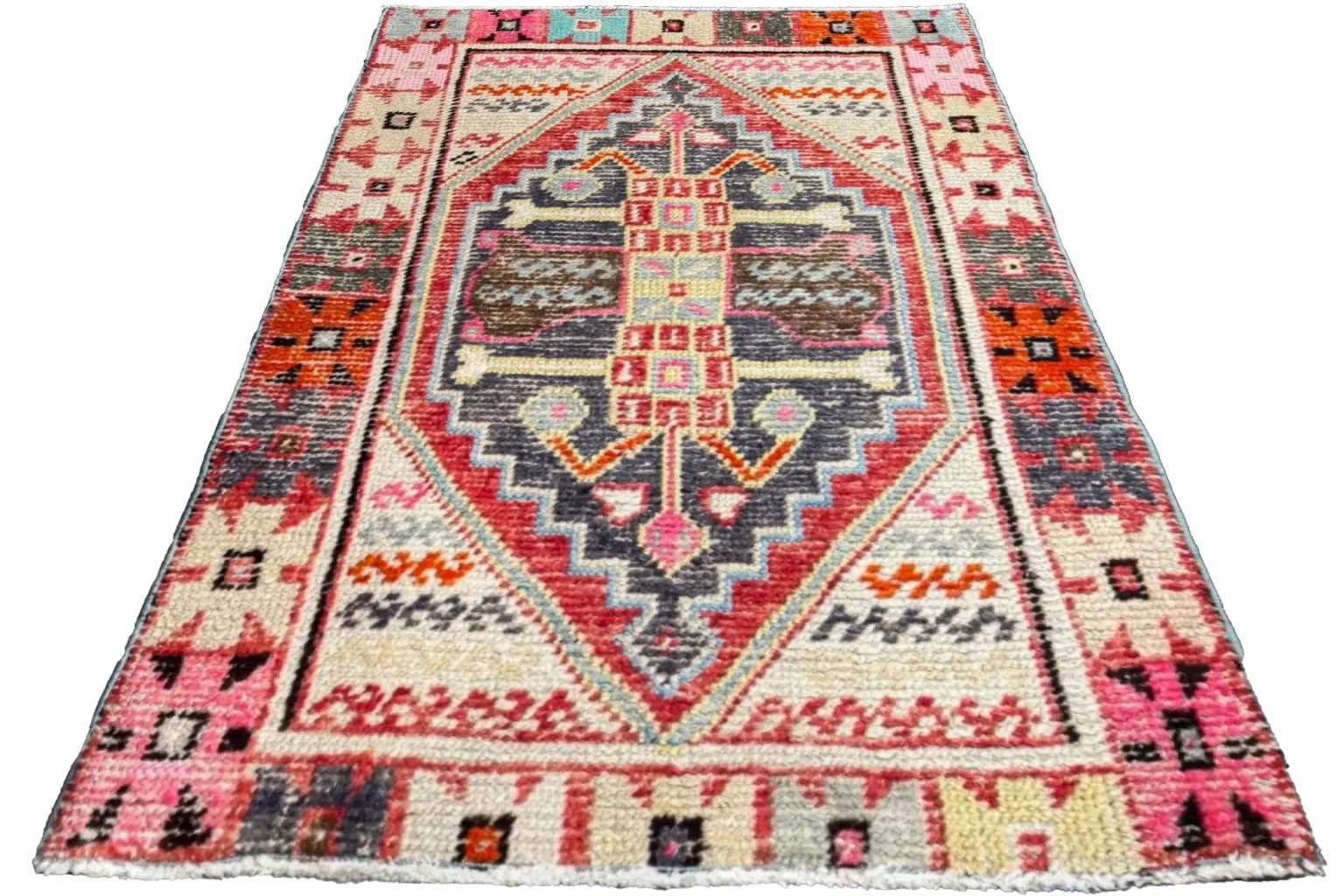 Türkischer Anatoly Kleiner Teppich - Baumwolle Blau Elfenbein Rosa Rot Design - 93231 (Handgewebt) im Angebot