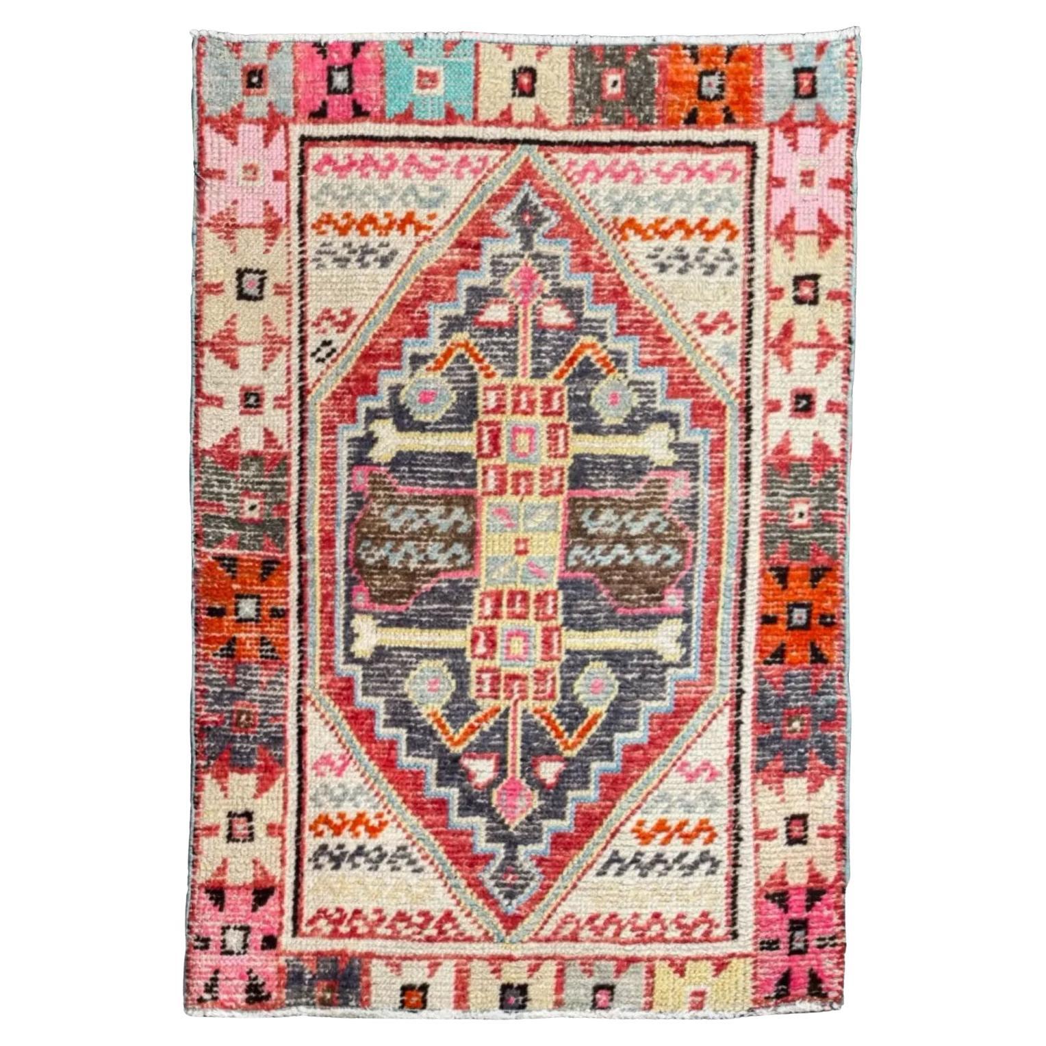 Türkischer Anatoly Kleiner Teppich - Baumwolle Blau Elfenbein Rosa Rot Design - 93231