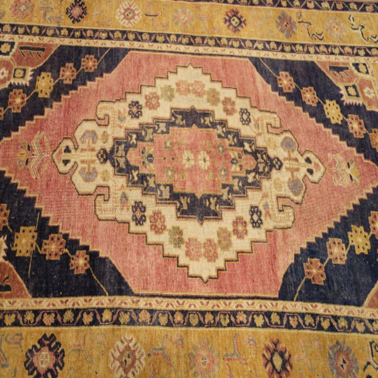 Hand-Knotted Turkey Anatoly Small Rug - Wool Black Ivory Pink Yellow - 92988 For Sale