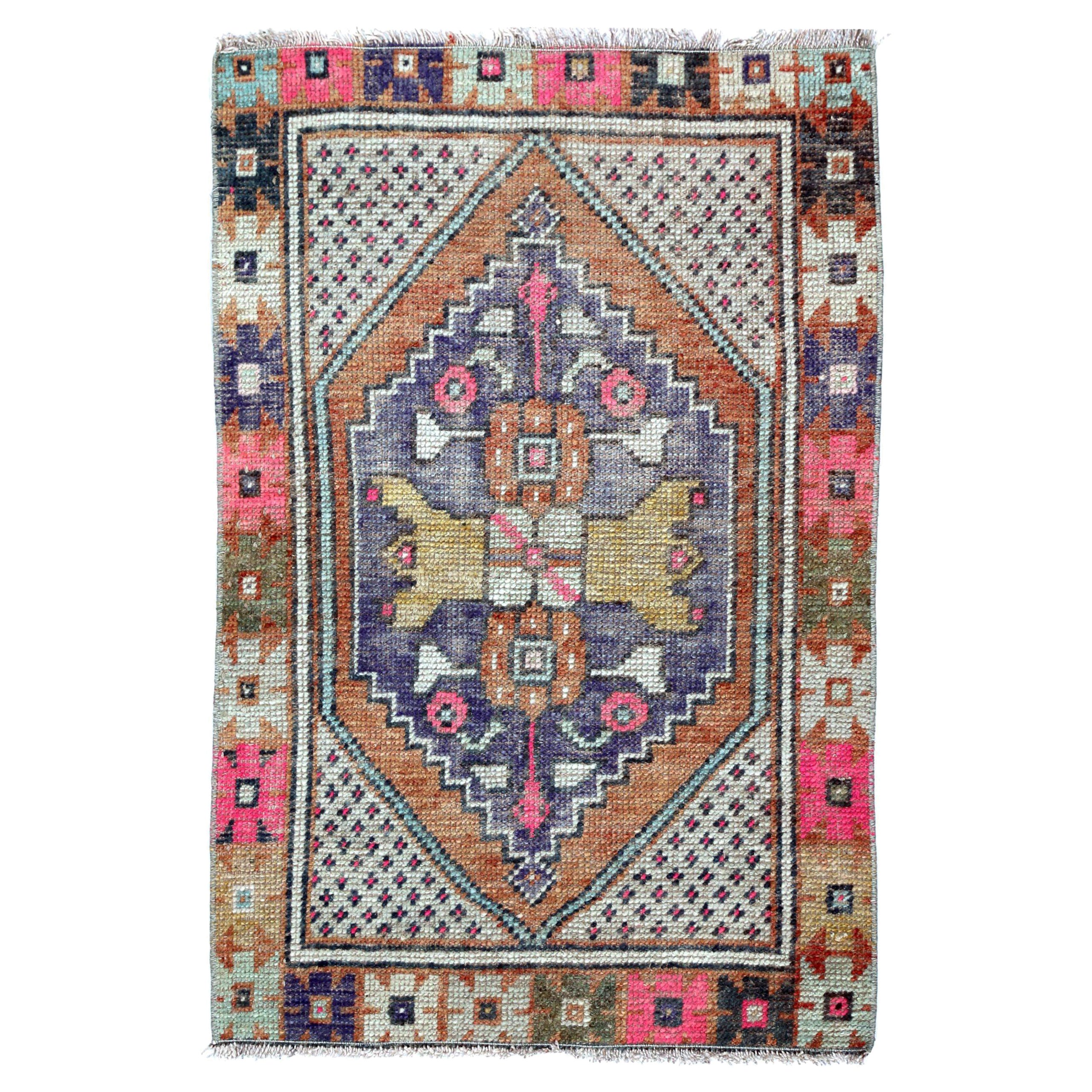 Türkei Anatoly Kleiner Teppich - Wolle Blau Elfenbein Orange Rosa Gelb - 93244