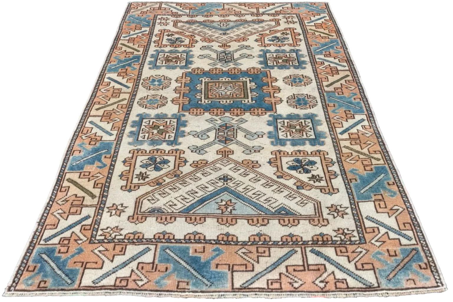 Turkish Turkey Anatoly Small Rug - Wool Blue Ivory Pink Design For Sale