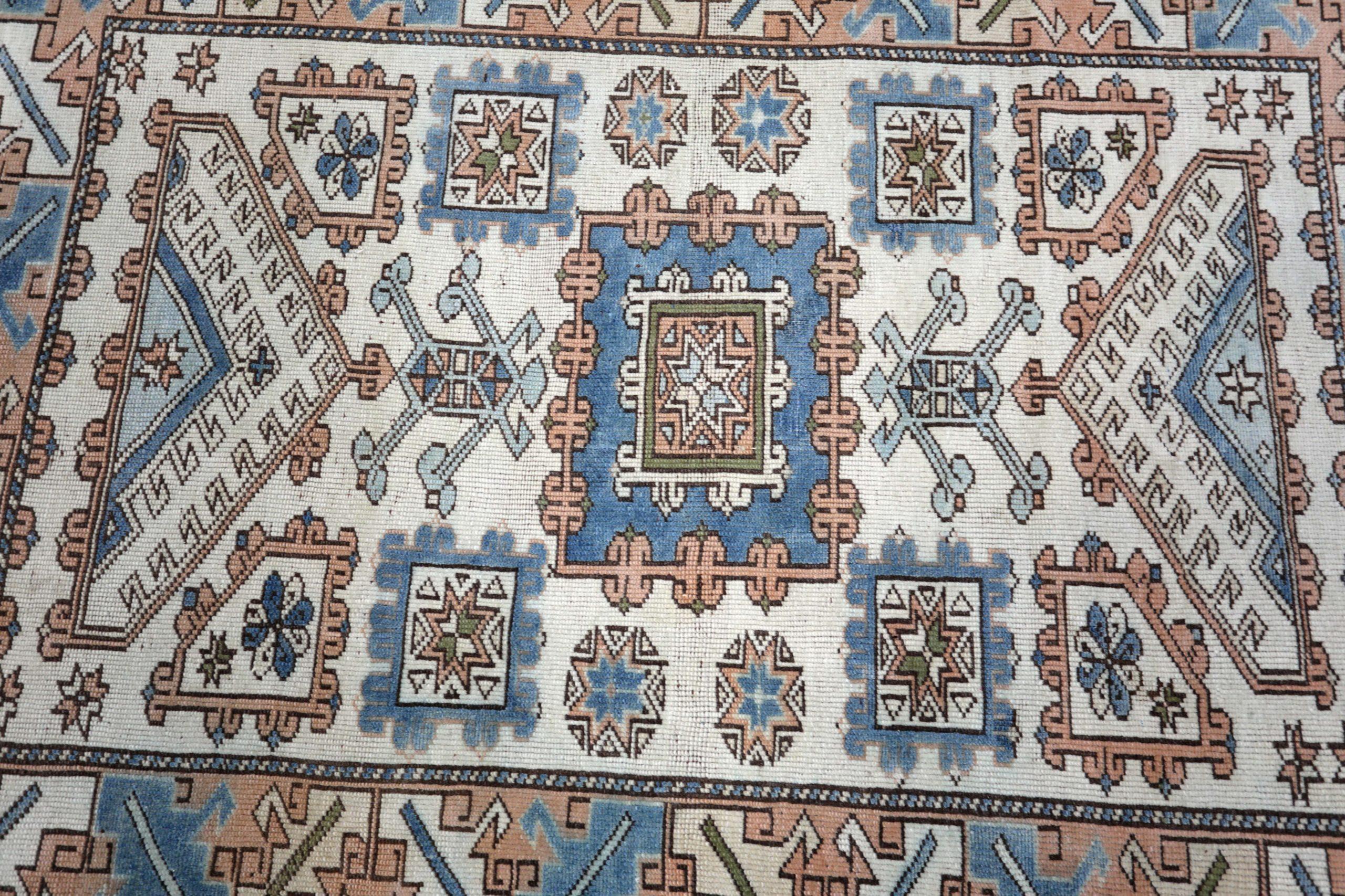Türkischer Anatoly Kleiner Teppich - Wolle Blau Elfenbein Rosa Design - 93245 im Angebot 1