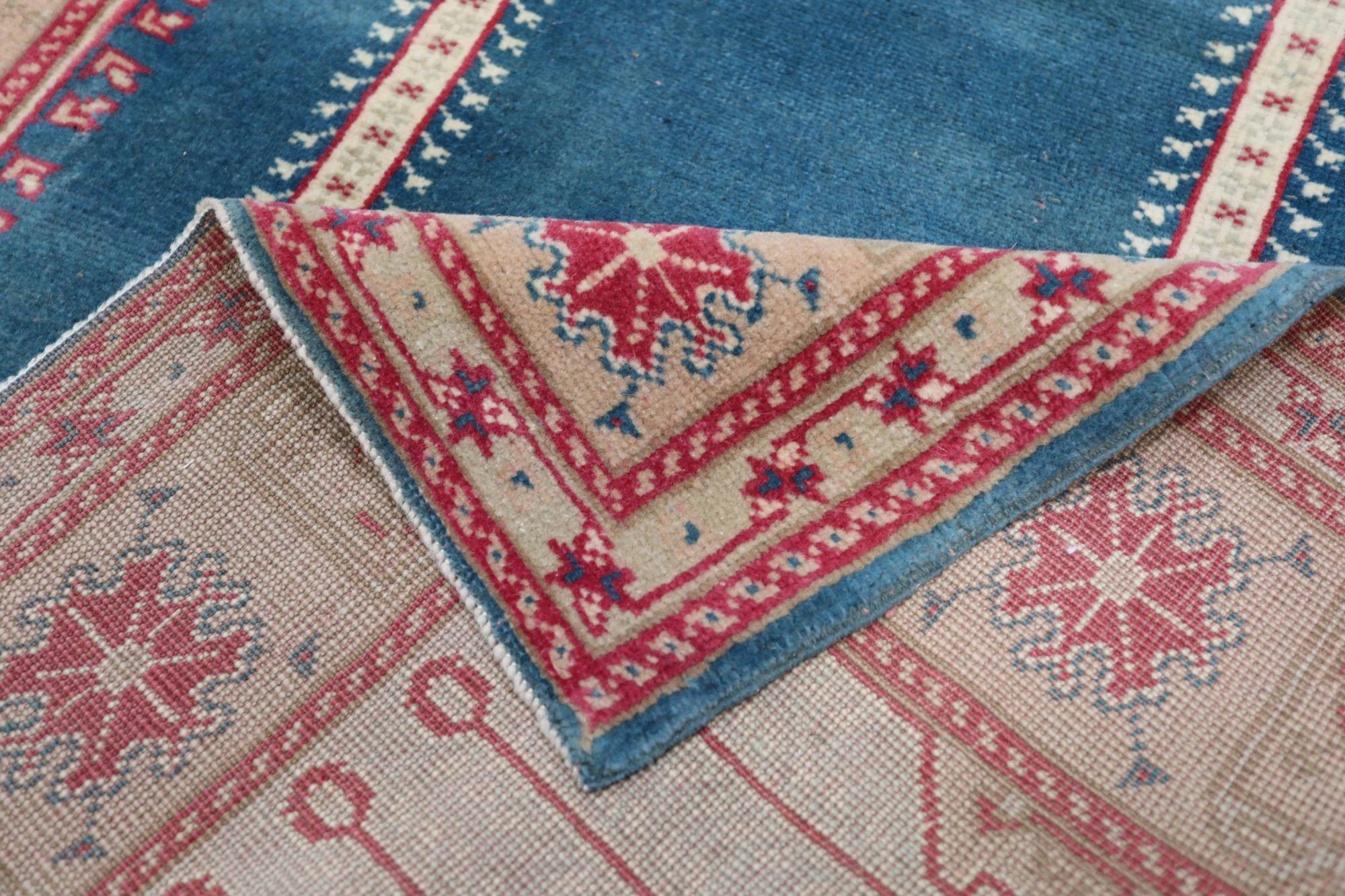 Türkischer Anatoly Kleiner Teppich - Wolle Blau Elfenbein Rot Design - 93153 im Angebot 1