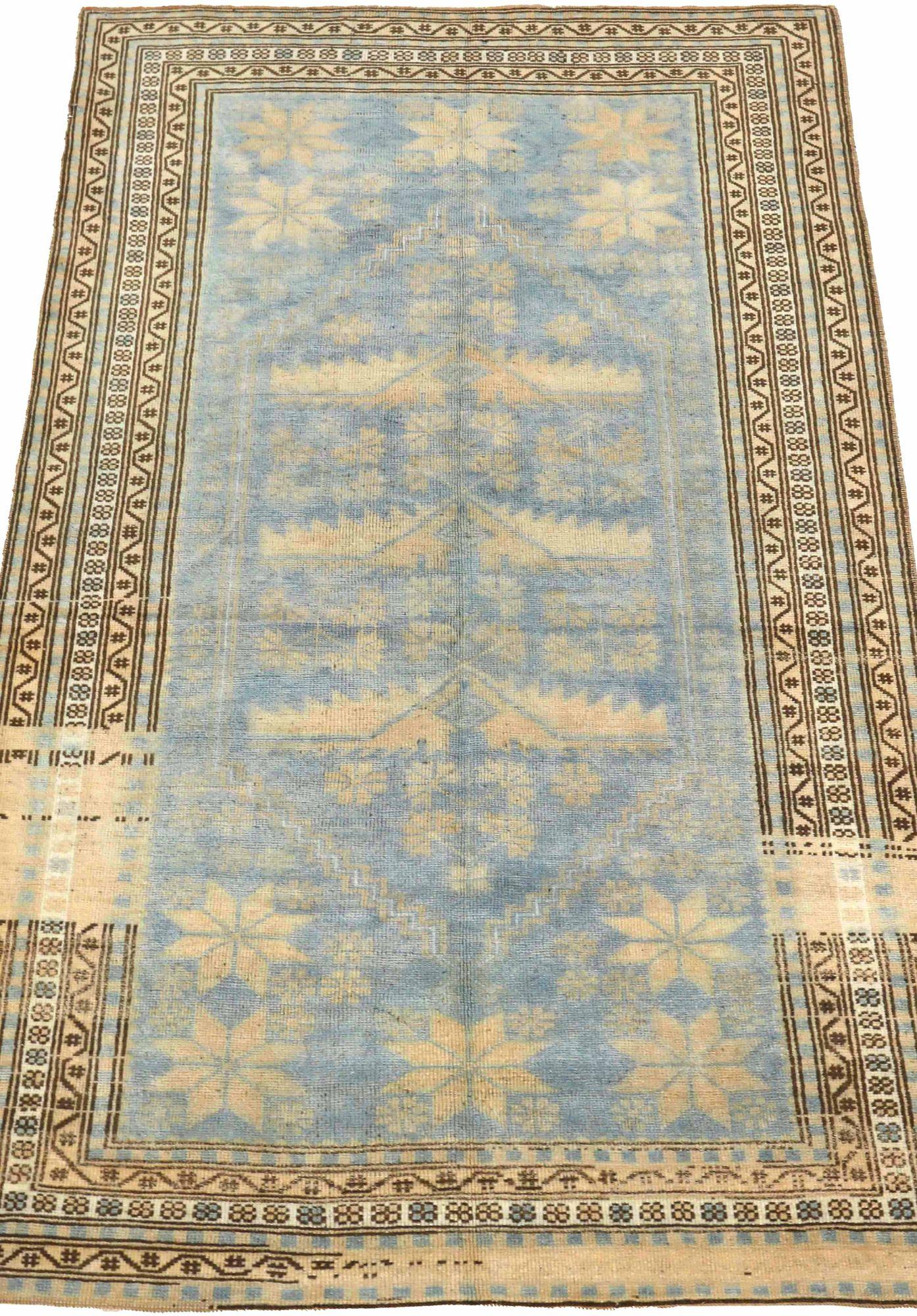Petit tapis turc Anatoly - Design en laine bleu ivoire jaune - 93179 Excellent état - En vente à Dallas, TX