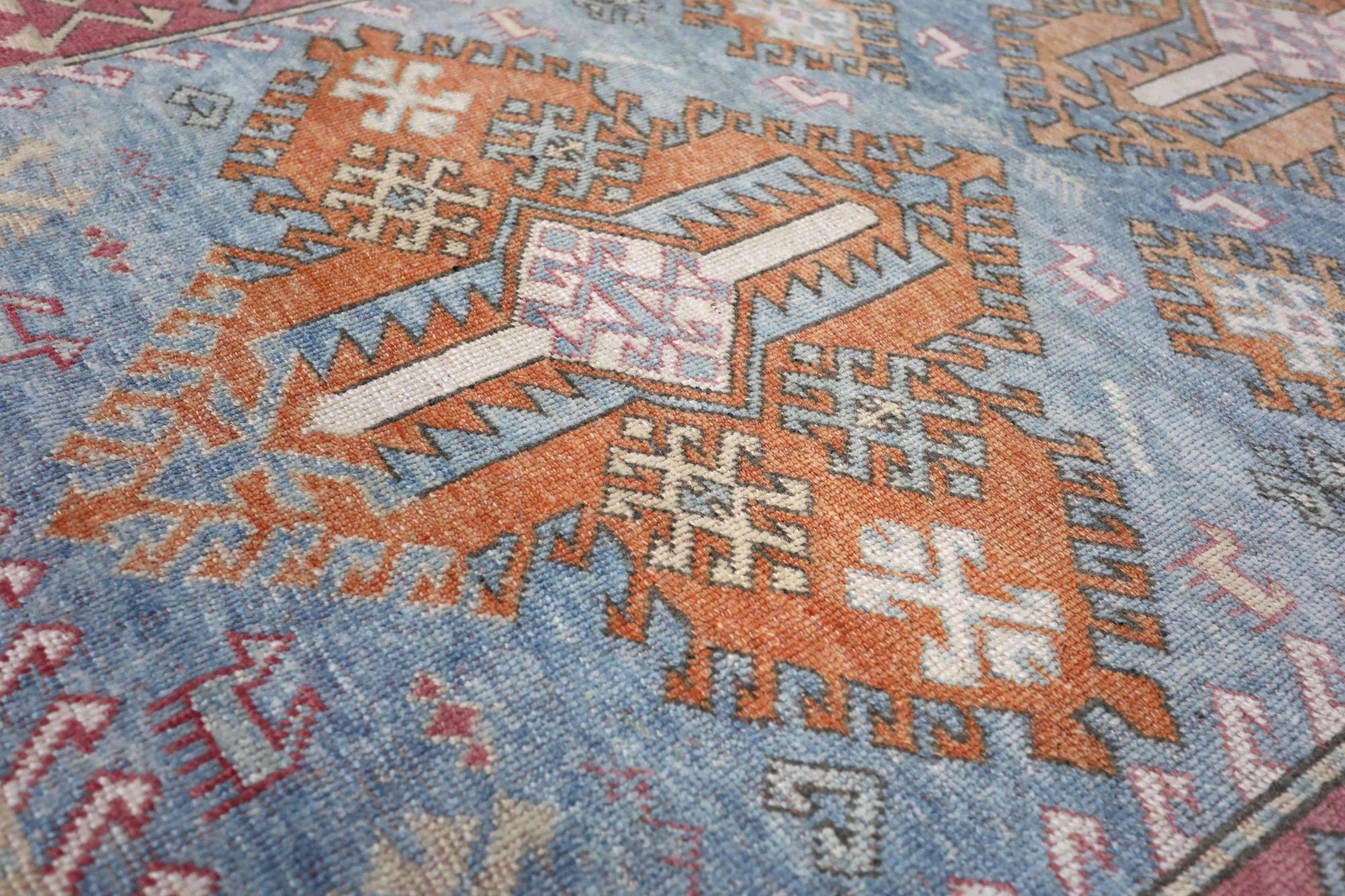 Petit tapis turc Anatoly - Design en laine bleu orange rose - 93159 Excellent état - En vente à Dallas, TX